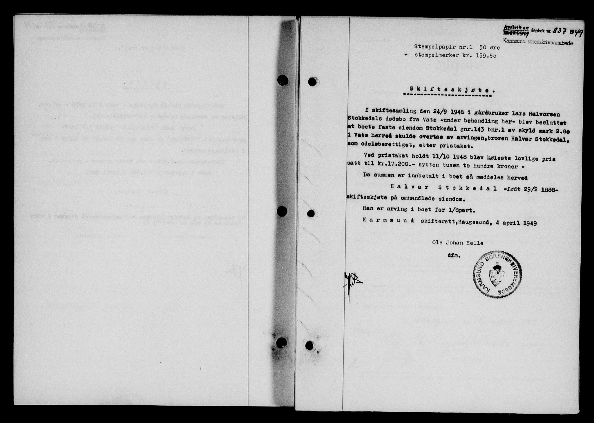 Karmsund sorenskriveri, SAST/A-100311/01/II/IIB/L0095: Pantebok nr. 75A, 1948-1949, Dagboknr: 837/1949