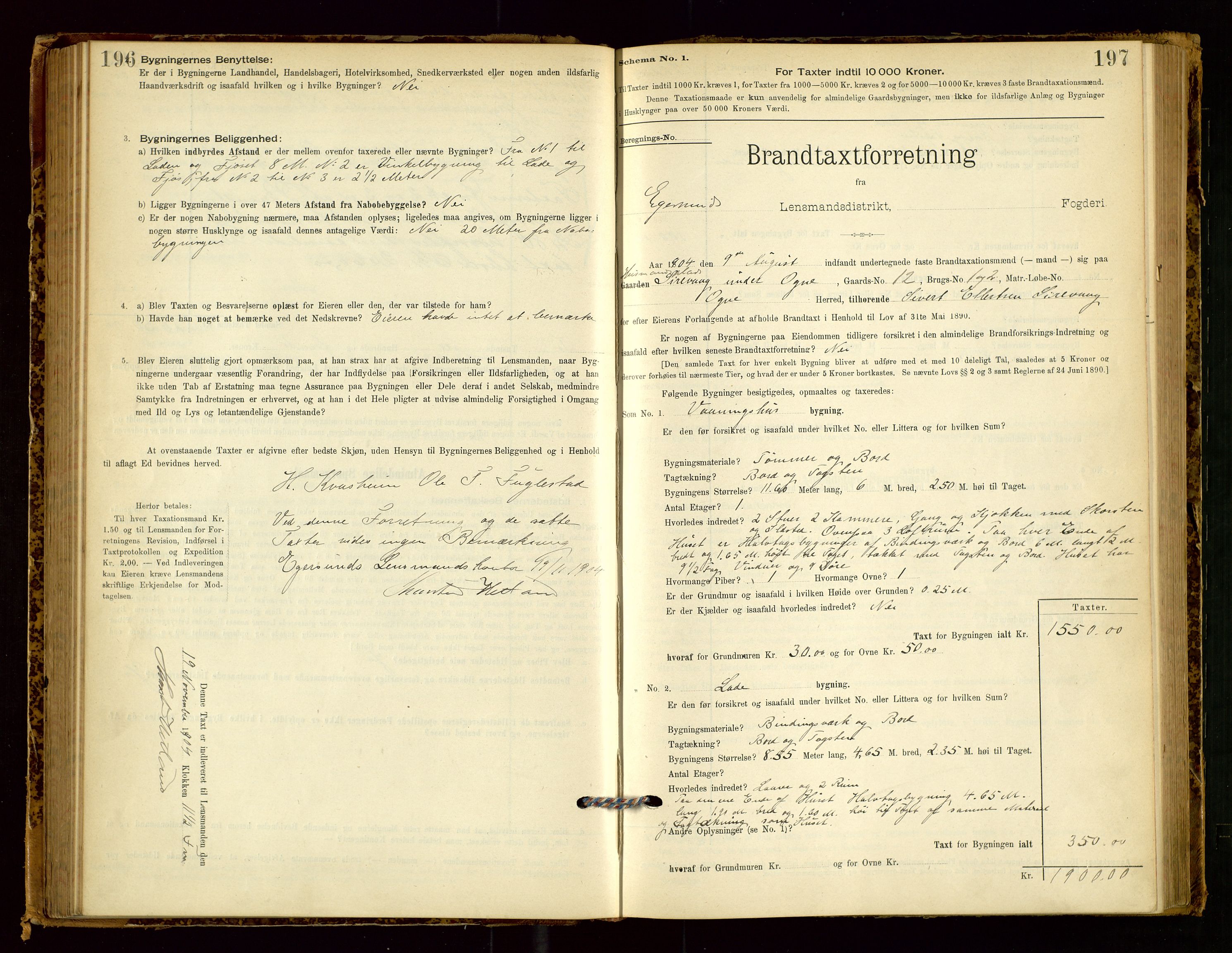 Eigersund lensmannskontor, SAST/A-100171/Gob/L0001: Skjemaprotokoll, 1894-1909, s. 196-197