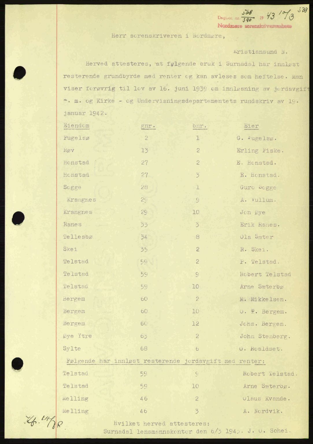 Nordmøre sorenskriveri, SAT/A-4132/1/2/2Ca: Pantebok nr. B90, 1942-1943, Dagboknr: 568/1943