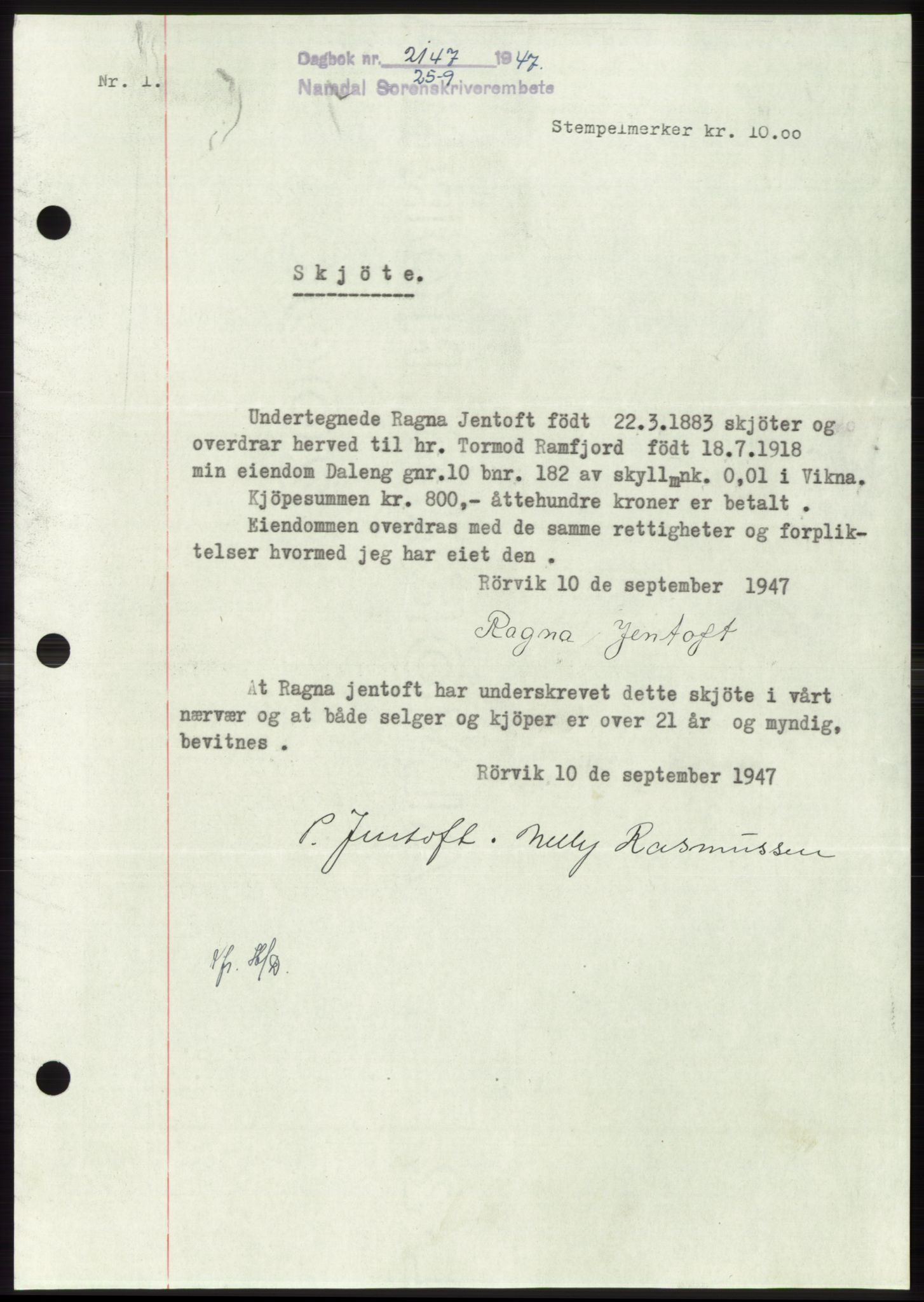 Namdal sorenskriveri, SAT/A-4133/1/2/2C: Pantebok nr. -, 1947-1947, Dagboknr: 2147/1947