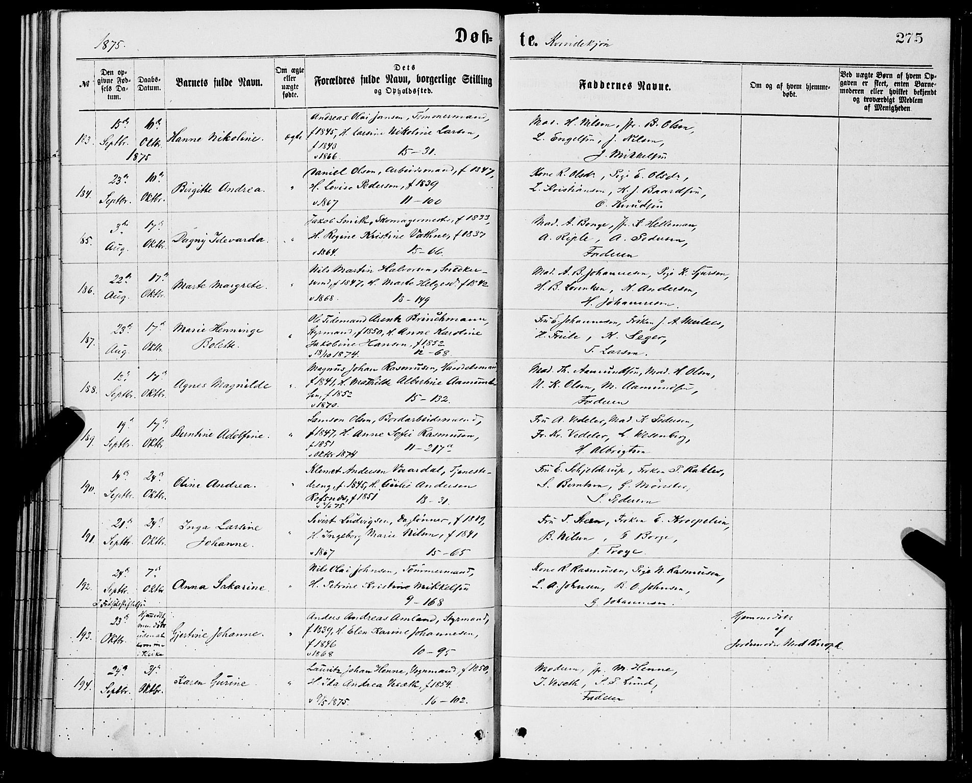 Domkirken sokneprestembete, AV/SAB-A-74801/H/Hab/L0013: Klokkerbok nr. B 6, 1869-1876, s. 275
