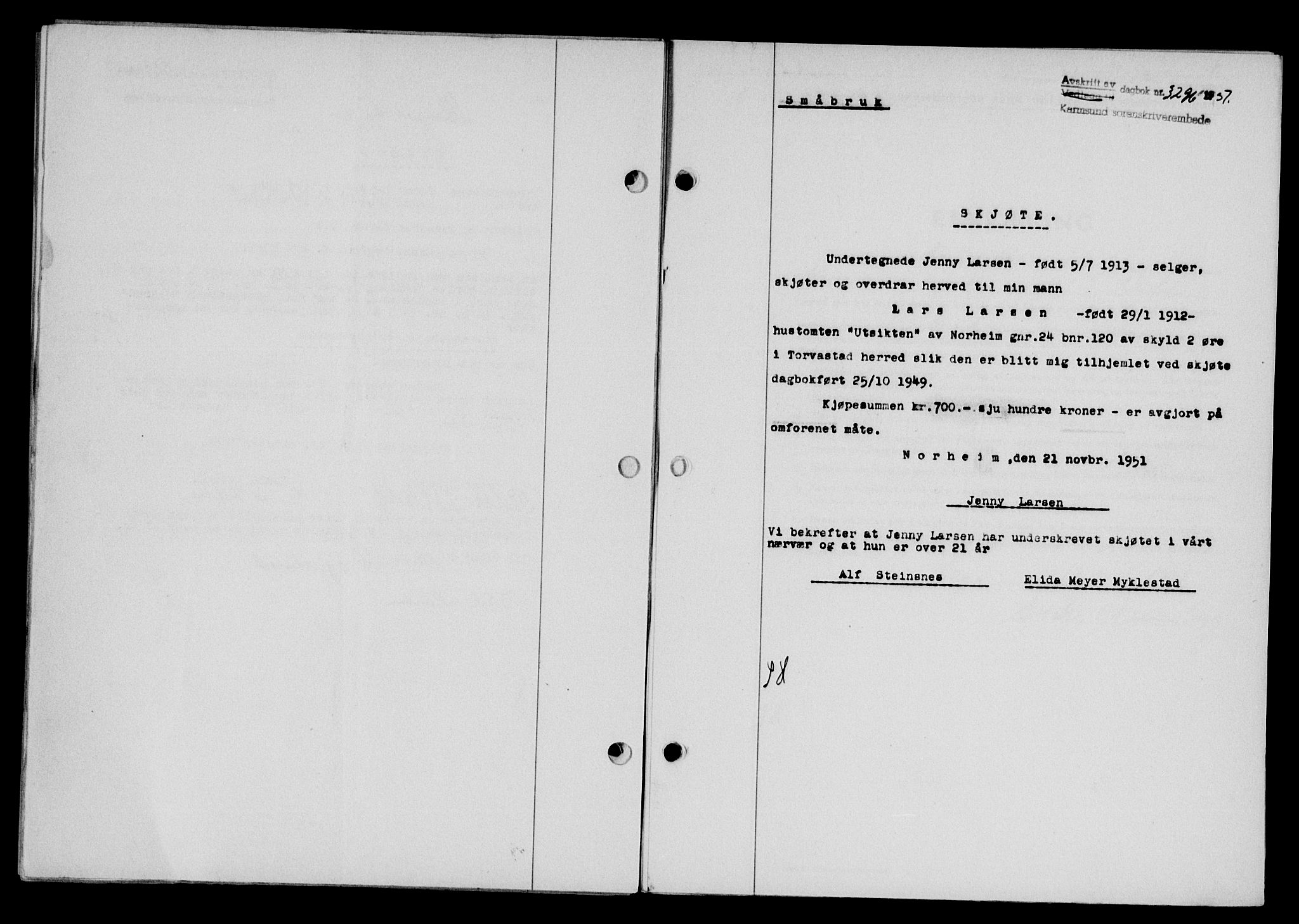 Karmsund sorenskriveri, SAST/A-100311/01/II/IIB/L0104: Pantebok nr. 84A, 1951-1952, Dagboknr: 3296/1951