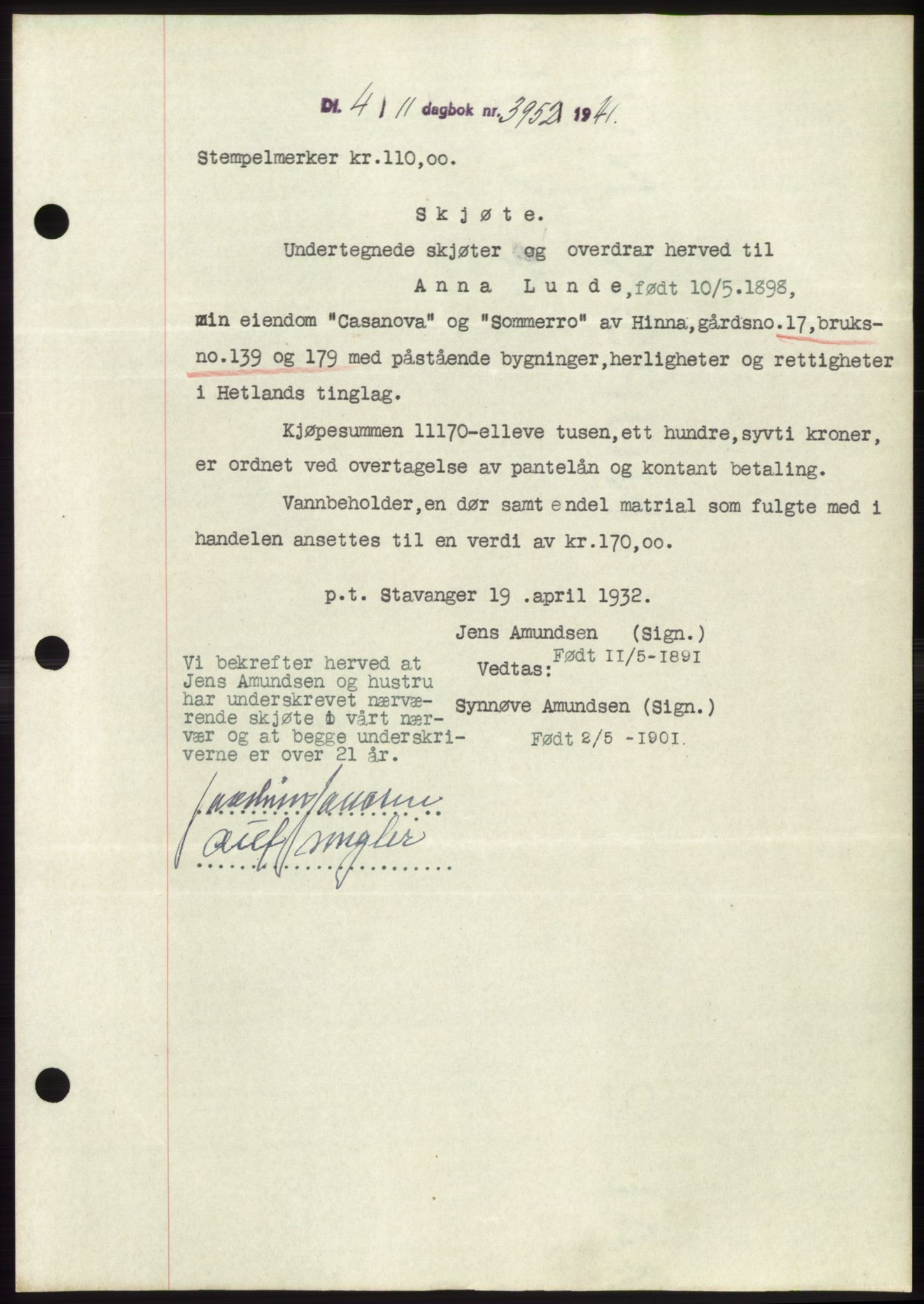 Jæren sorenskriveri, SAST/A-100310/03/G/Gba/L0081: Pantebok, 1941-1941, Dagboknr: 3952/1941