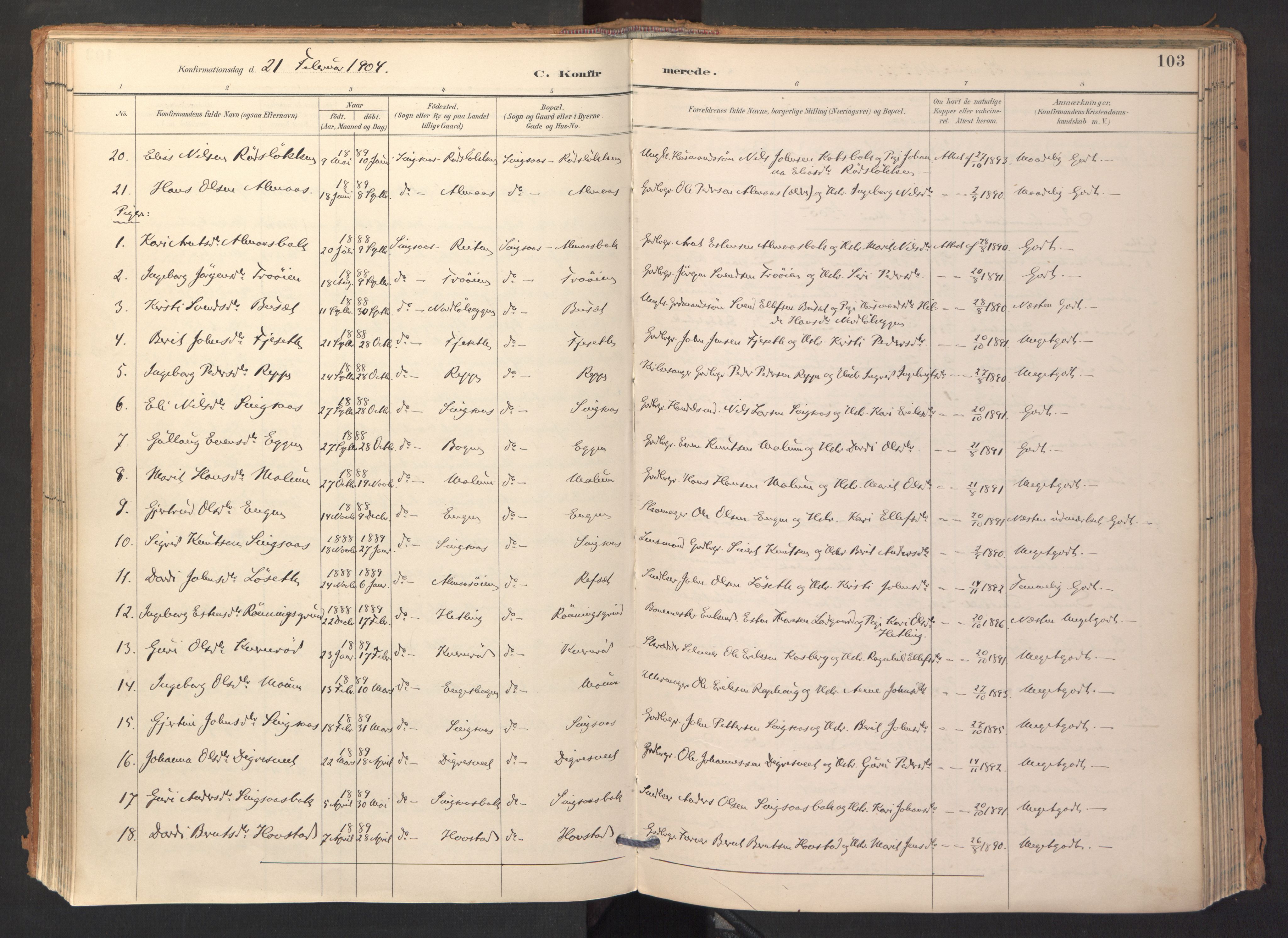 Ministerialprotokoller, klokkerbøker og fødselsregistre - Sør-Trøndelag, AV/SAT-A-1456/688/L1025: Ministerialbok nr. 688A02, 1891-1909, s. 103