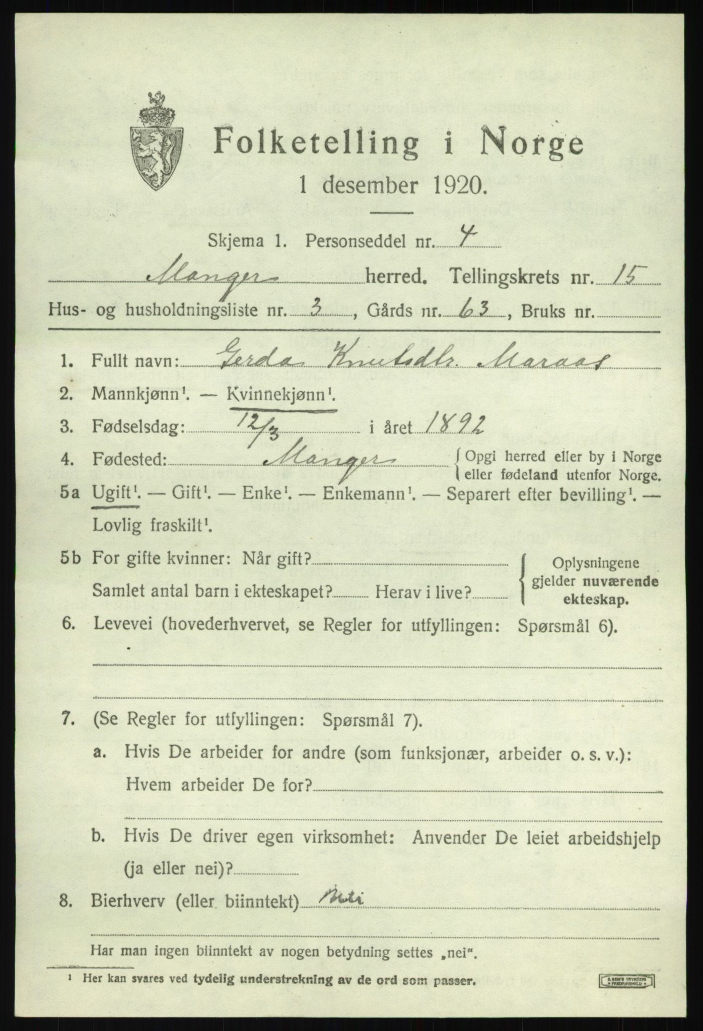 SAB, Folketelling 1920 for 1261 Manger herred, 1920, s. 8470