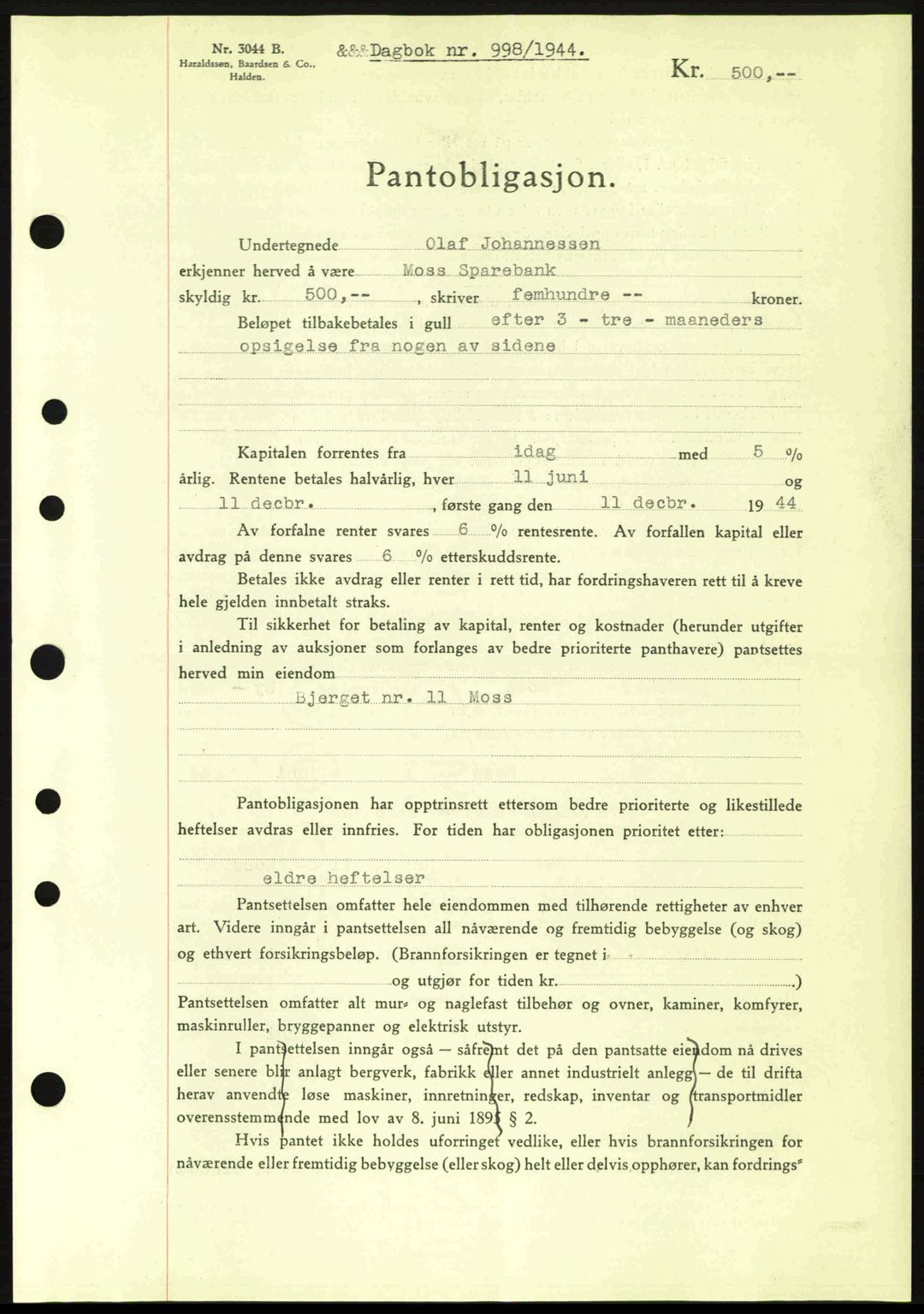 Moss sorenskriveri, SAO/A-10168: Pantebok nr. B13, 1943-1945, Dagboknr: 998/1944