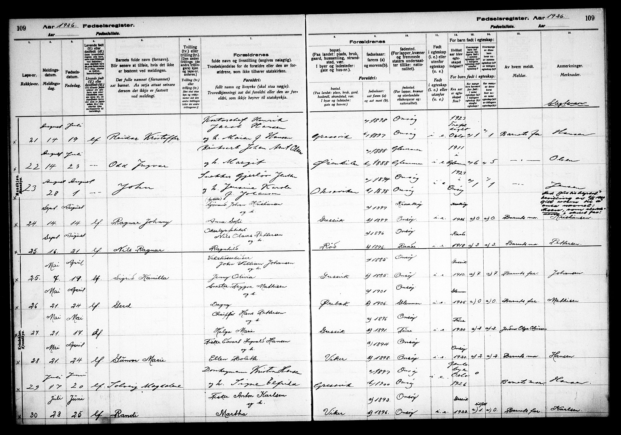 Onsøy prestekontor Kirkebøker, AV/SAO-A-10914/J/Jb/L0001: Fødselsregister nr. II 1, 1916-1938, s. 109