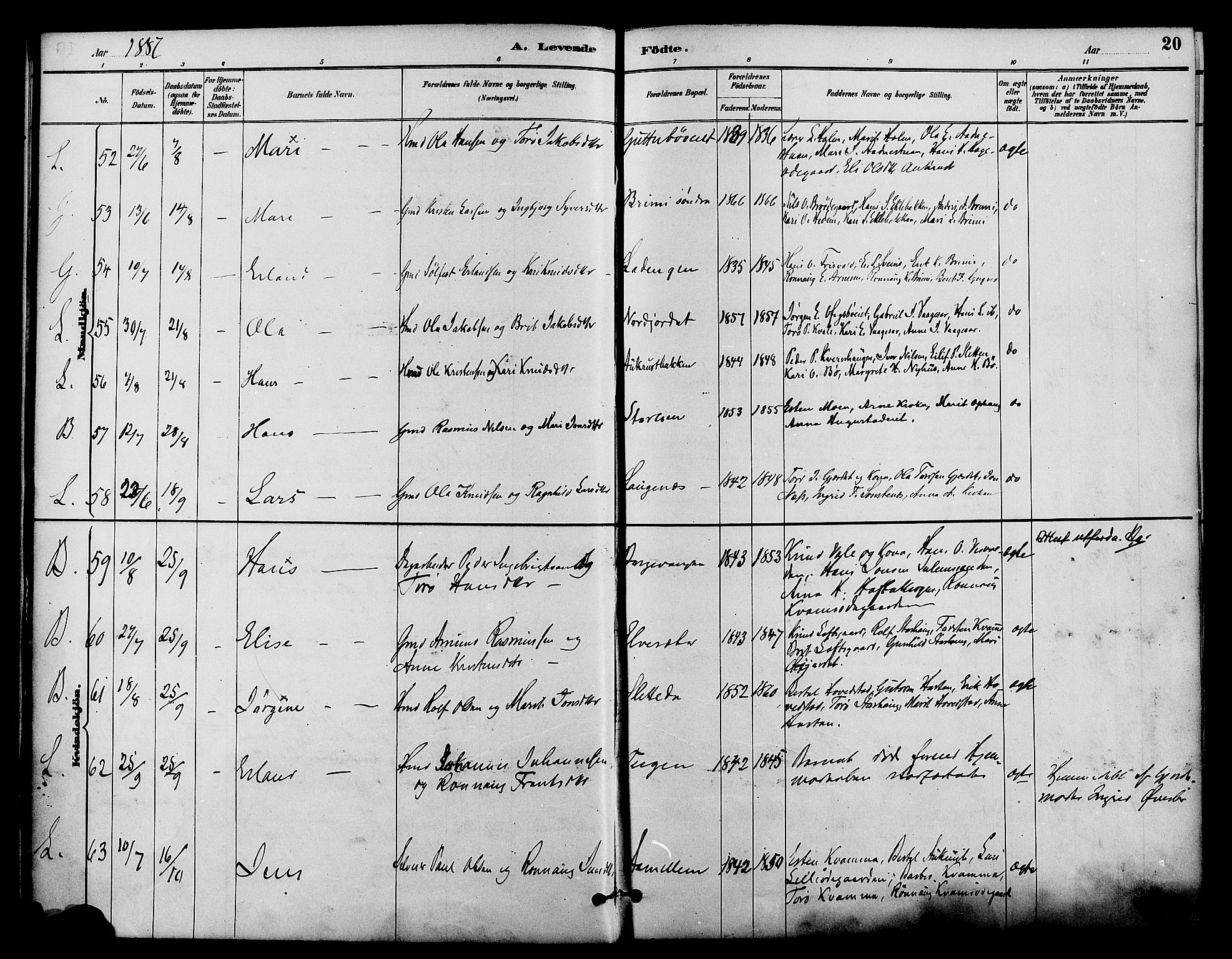 Lom prestekontor, AV/SAH-PREST-070/K/L0008: Ministerialbok nr. 8, 1885-1898, s. 20