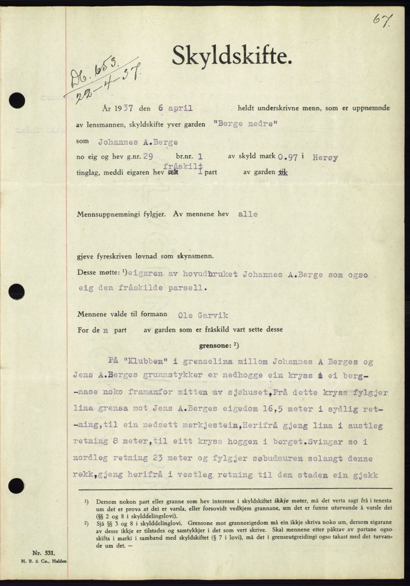 Søre Sunnmøre sorenskriveri, AV/SAT-A-4122/1/2/2C/L0063: Pantebok nr. 57, 1937-1937, Dagboknr: 653/1937