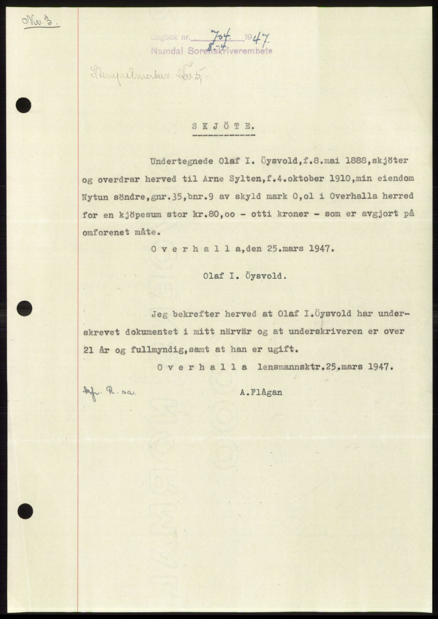 Namdal sorenskriveri, SAT/A-4133/1/2/2C: Pantebok nr. -, 1947-1947, Dagboknr: 704/1947