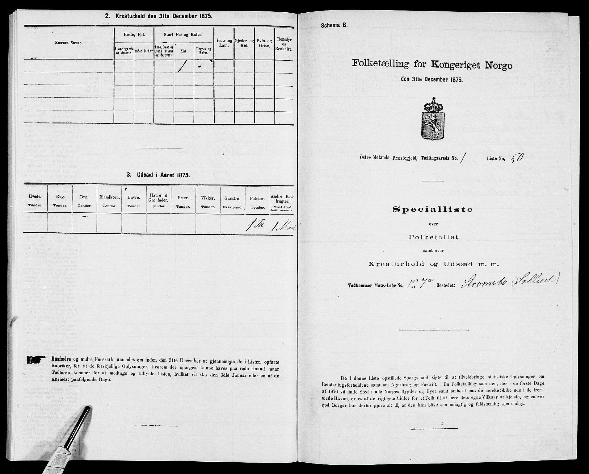 SAK, Folketelling 1875 for 0918P Austre Moland prestegjeld, 1875, s. 211