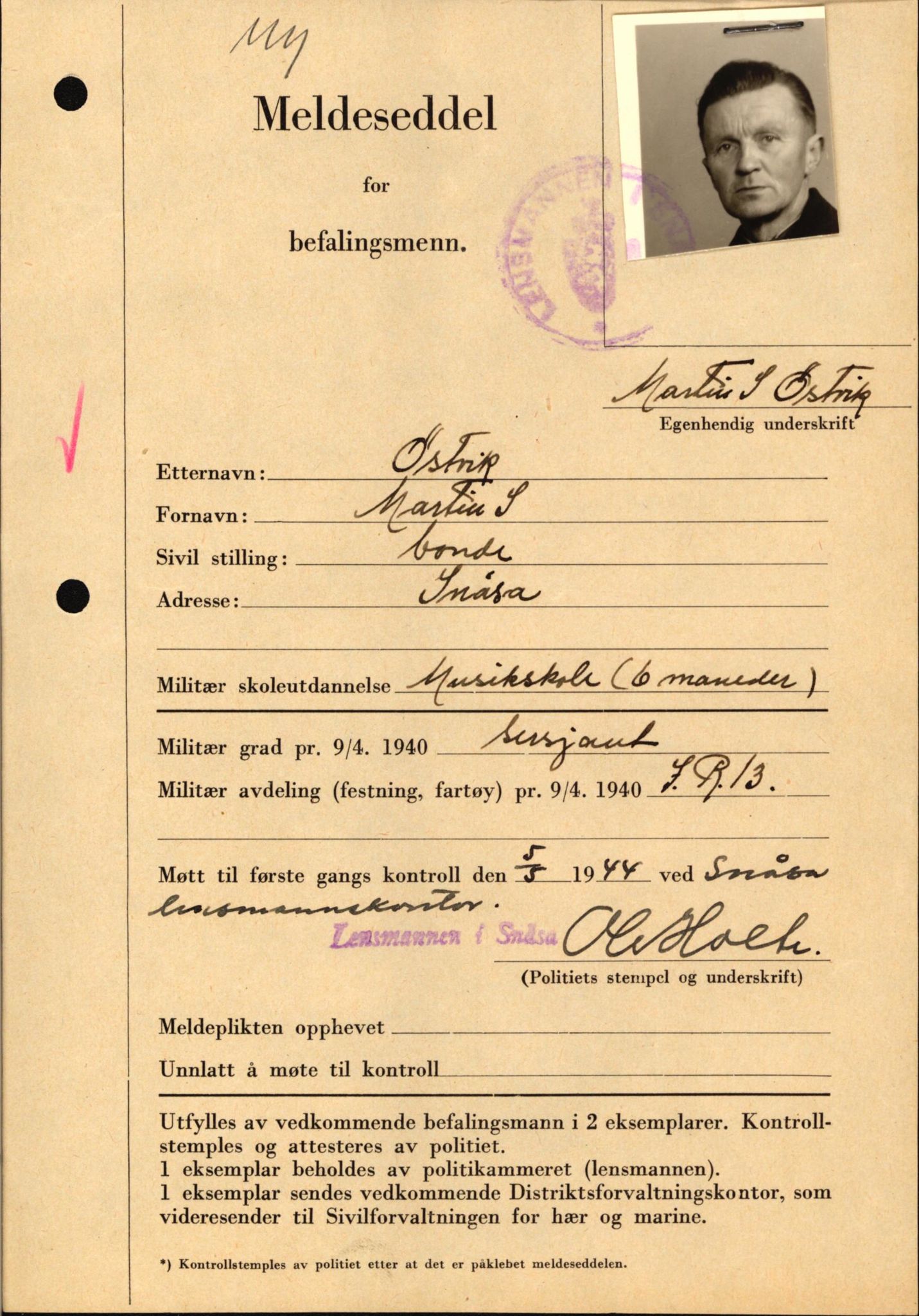 Forsvaret, Forsvarets krigshistoriske avdeling, AV/RA-RAFA-2017/Y/Yf/L0209: II-C-11-2121  -  Okkupasjonstiden.  Meldesedler for befal med foto og oppl. om militær grad 9. apr. 1940., 1944-1945, s. 1337