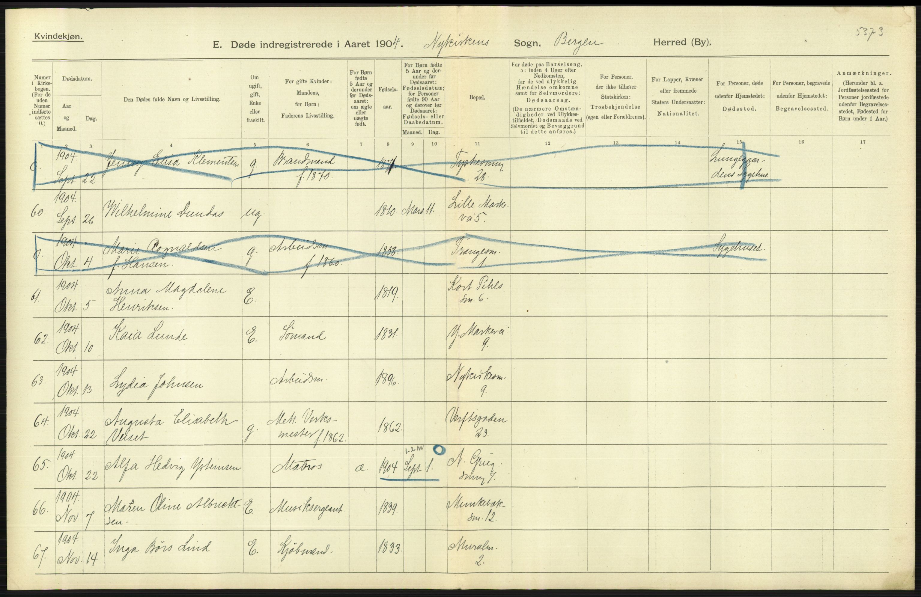 Statistisk sentralbyrå, Sosiodemografiske emner, Befolkning, AV/RA-S-2228/D/Df/Dfa/Dfab/L0014: Bergen: Fødte, gifte, døde, 1904, s. 377