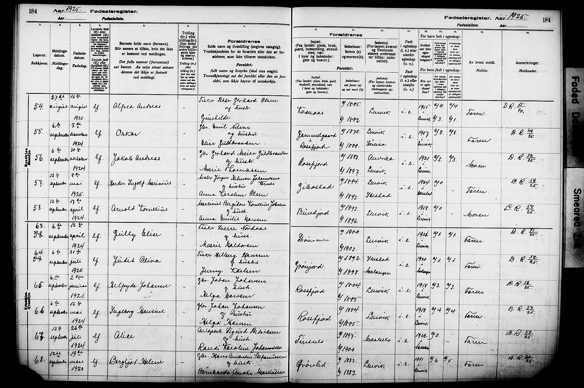 Lenvik sokneprestembete, SATØ/S-1310/I/Ic/L0089: Fødselsregister nr. 89, 1916-1926, s. 184