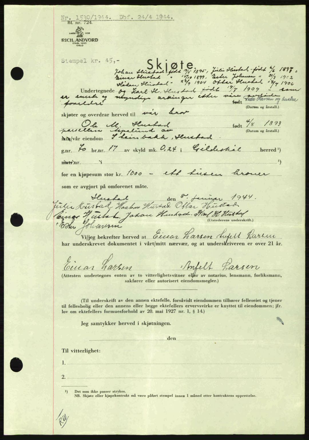 Salten sorenskriveri, SAT/A-4578/1/2/2C: Pantebok nr. A14-15, 1943-1945, Dagboknr: 1530/1944