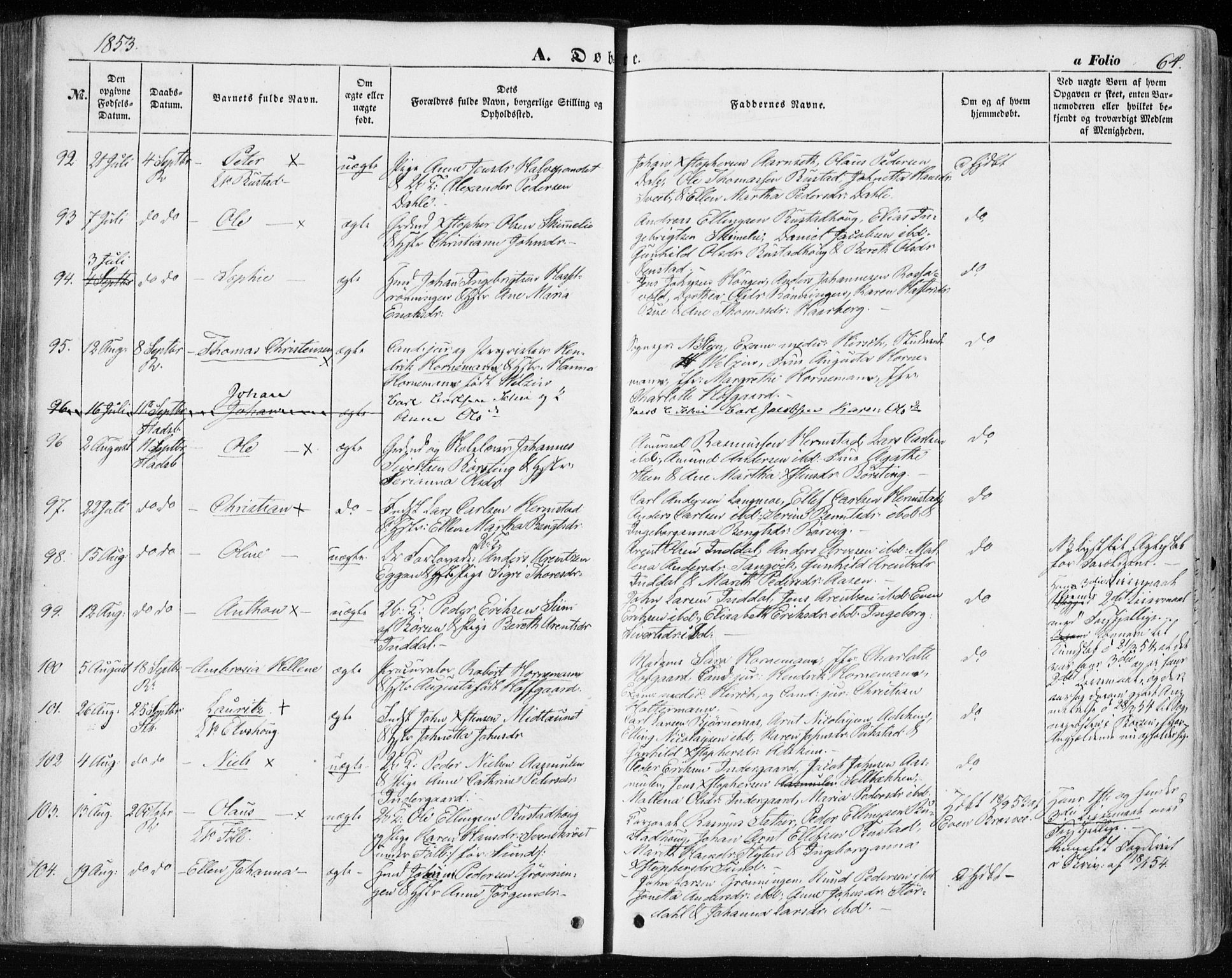 Ministerialprotokoller, klokkerbøker og fødselsregistre - Sør-Trøndelag, SAT/A-1456/646/L0611: Ministerialbok nr. 646A09, 1848-1857, s. 64