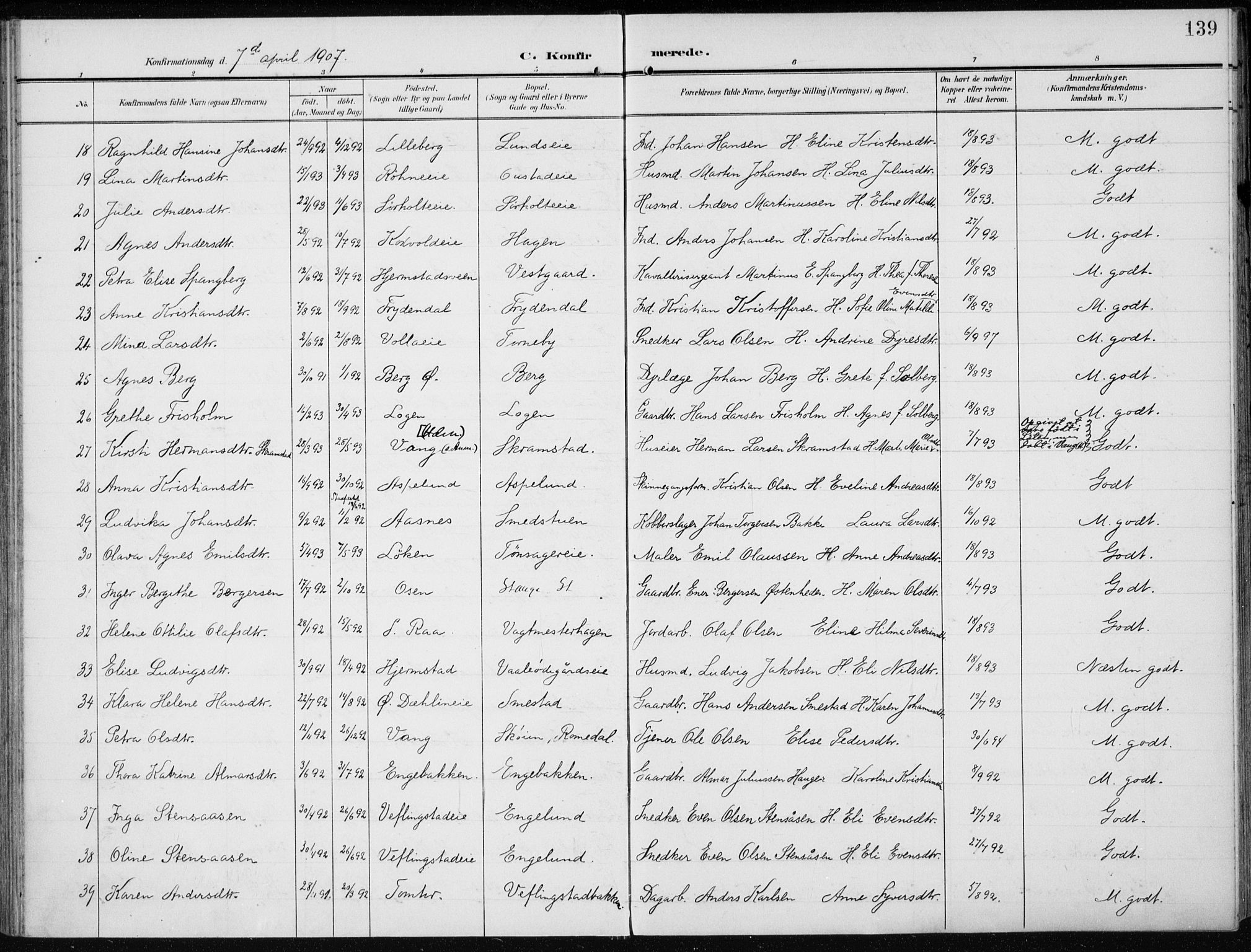 Stange prestekontor, AV/SAH-PREST-002/K/L0024: Ministerialbok nr. 24, 1906-1922, s. 139
