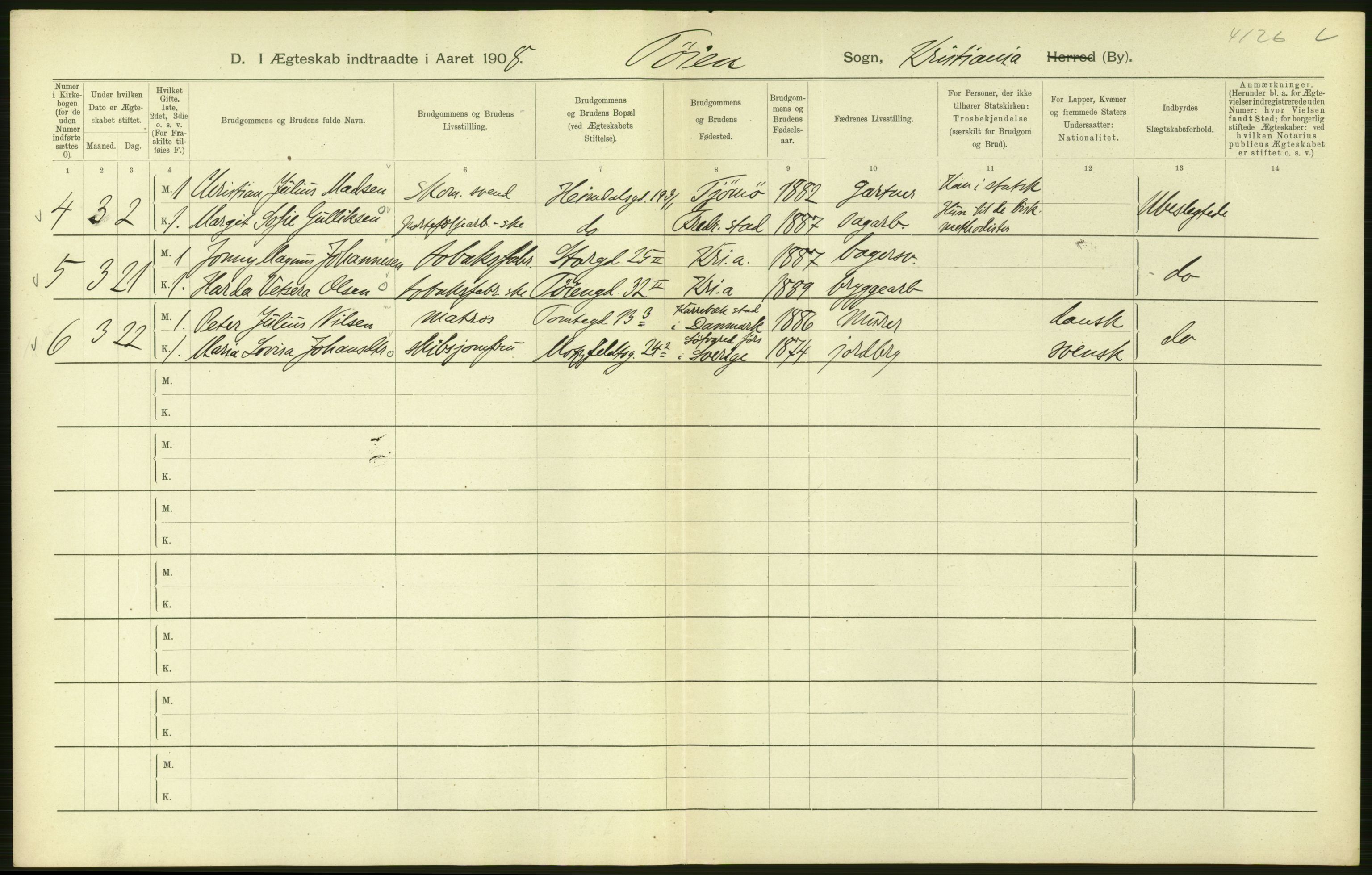 Statistisk sentralbyrå, Sosiodemografiske emner, Befolkning, AV/RA-S-2228/D/Df/Dfa/Dfaf/L0007: Kristiania: Gifte, 1908, s. 76