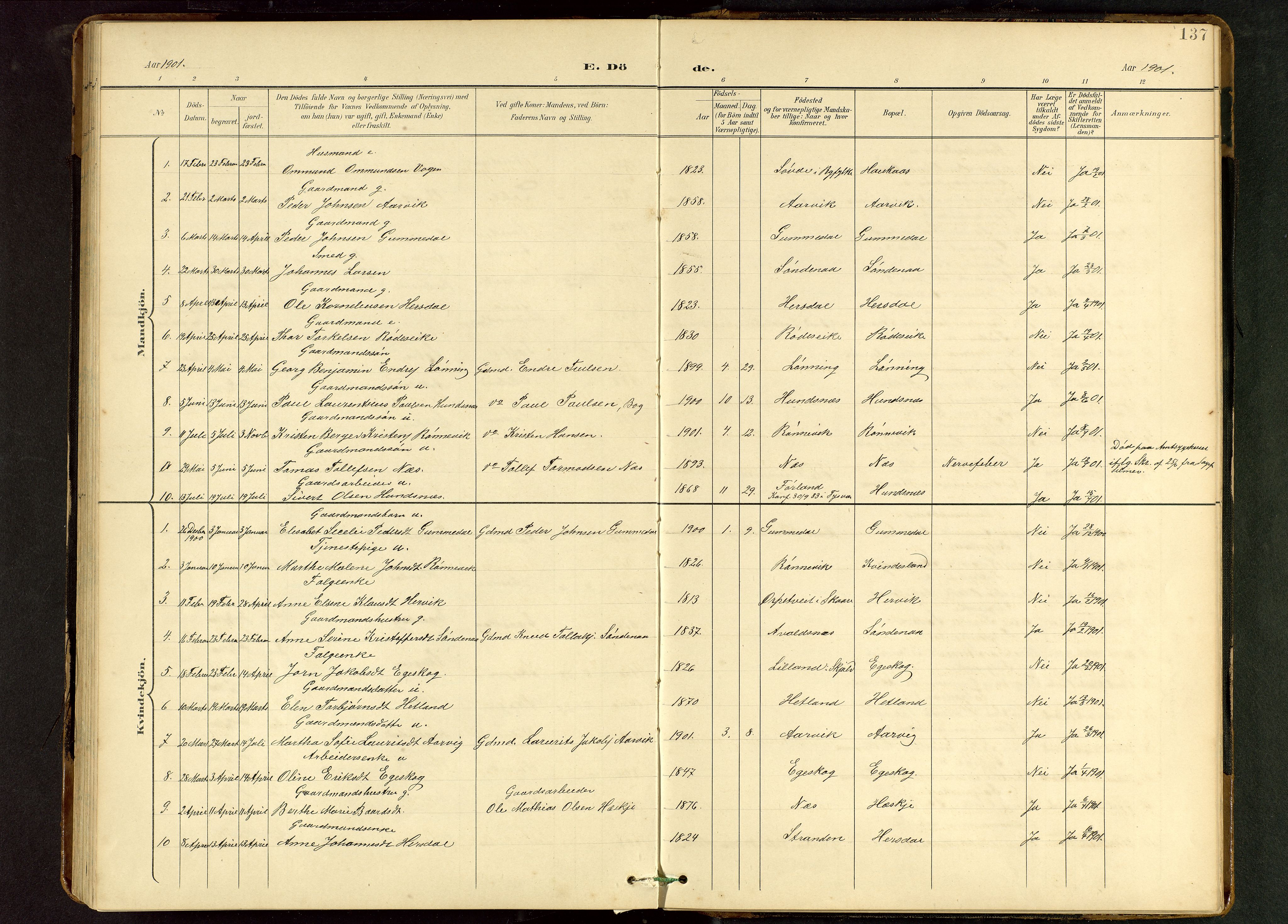 Tysvær sokneprestkontor, AV/SAST-A -101864/H/Ha/Hab/L0010: Klokkerbok nr. B 10, 1897-1912, s. 137