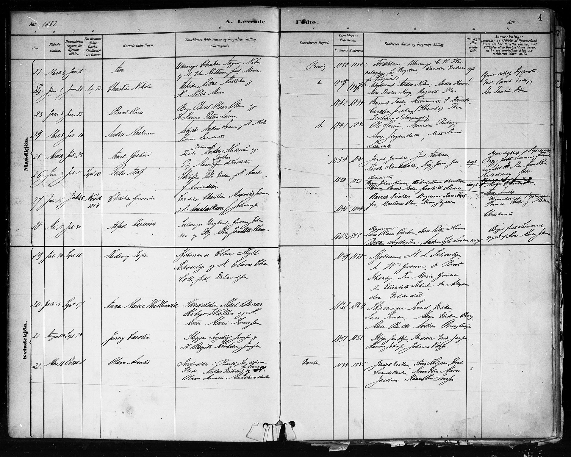Brevik kirkebøker, AV/SAKO-A-255/F/Fa/L0007: Ministerialbok nr. 7, 1882-1900, s. 4