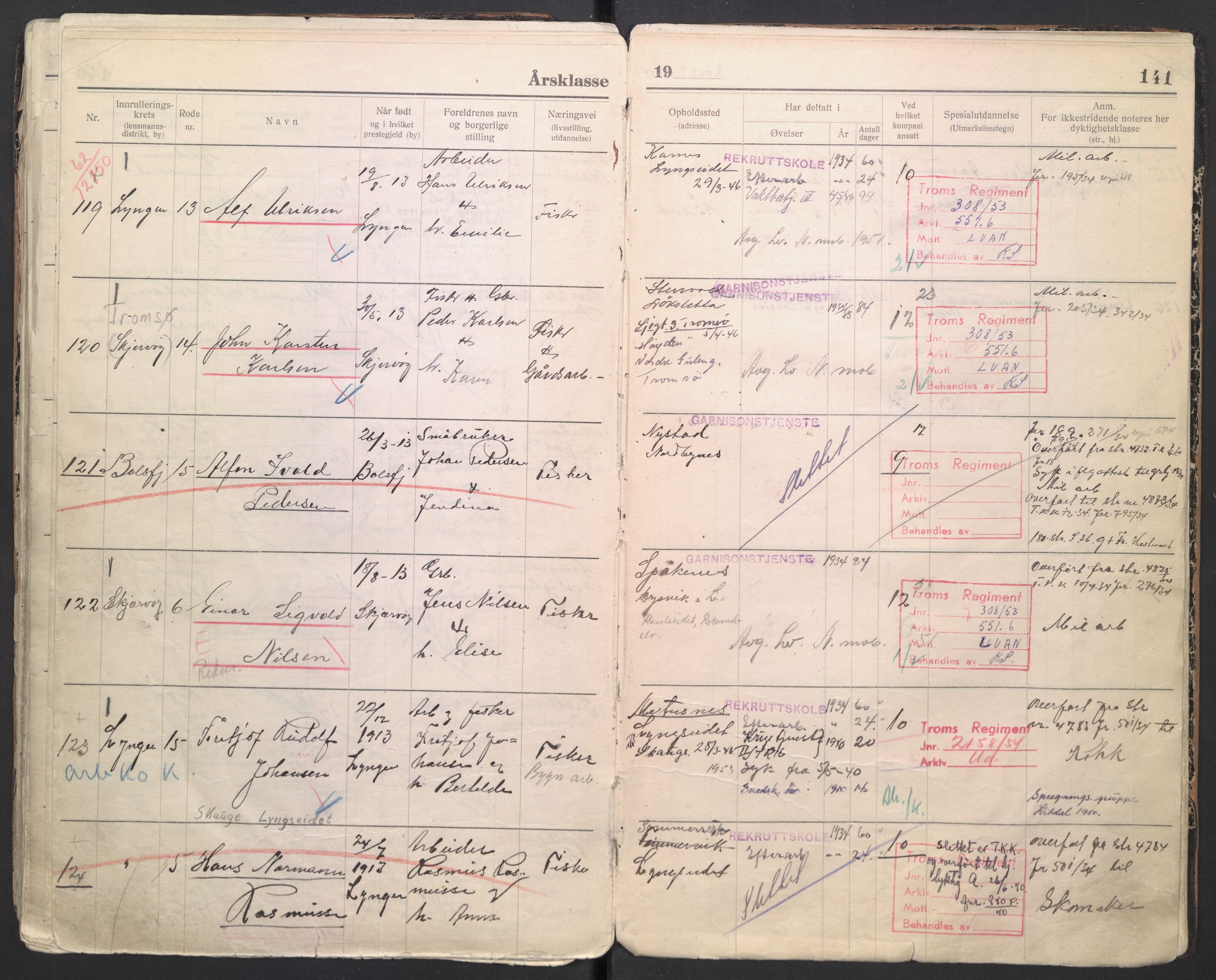 Forsvaret, Troms infanteriregiment nr. 16, AV/RA-RAFA-3146/P/Pa/L0006/0007: Ruller / Rulle for regimentets menige mannskaper, årsklasse 1934, 1934, s. 141