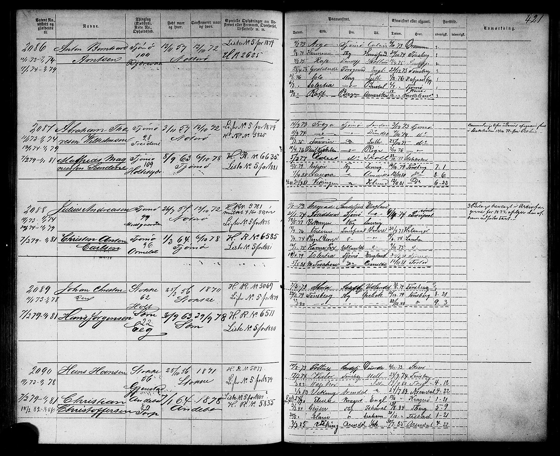 Tønsberg innrulleringskontor, AV/SAKO-A-786/F/Fb/L0006: Annotasjonsrulle Patent nr. 1-2635, 1868-1877, s. 422