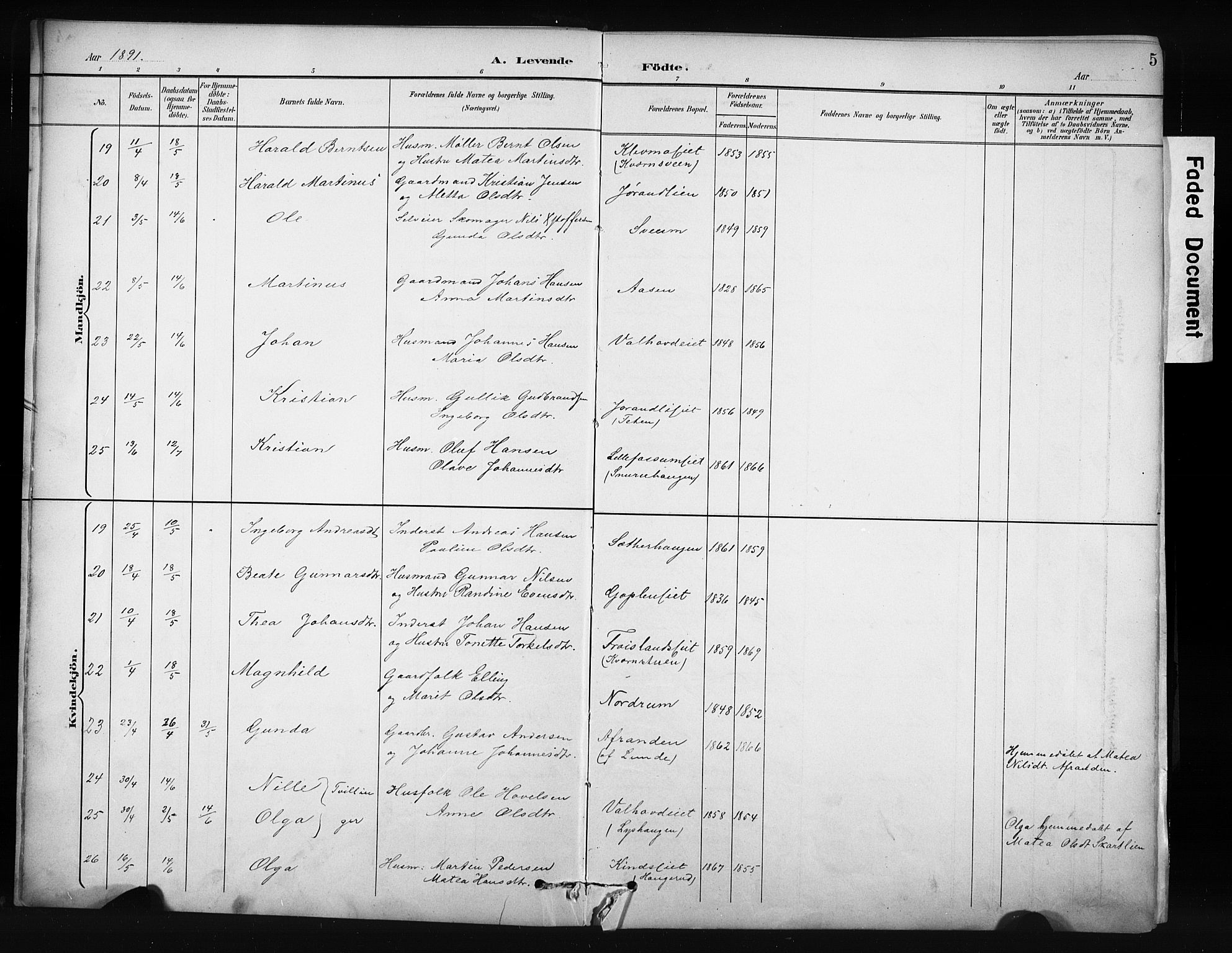 Nordre Land prestekontor, SAH/PREST-124/H/Ha/Hab/L0012: Klokkerbok nr. 12, 1891-1909, s. 5