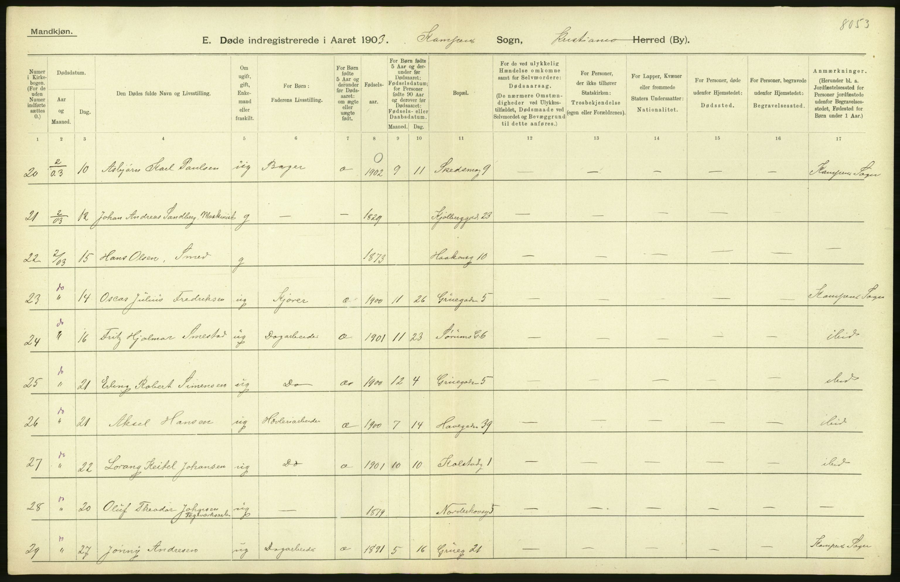 Statistisk sentralbyrå, Sosiodemografiske emner, Befolkning, AV/RA-S-2228/D/Df/Dfa/Dfaa/L0004: Kristiania: Gifte, døde, 1903, s. 256