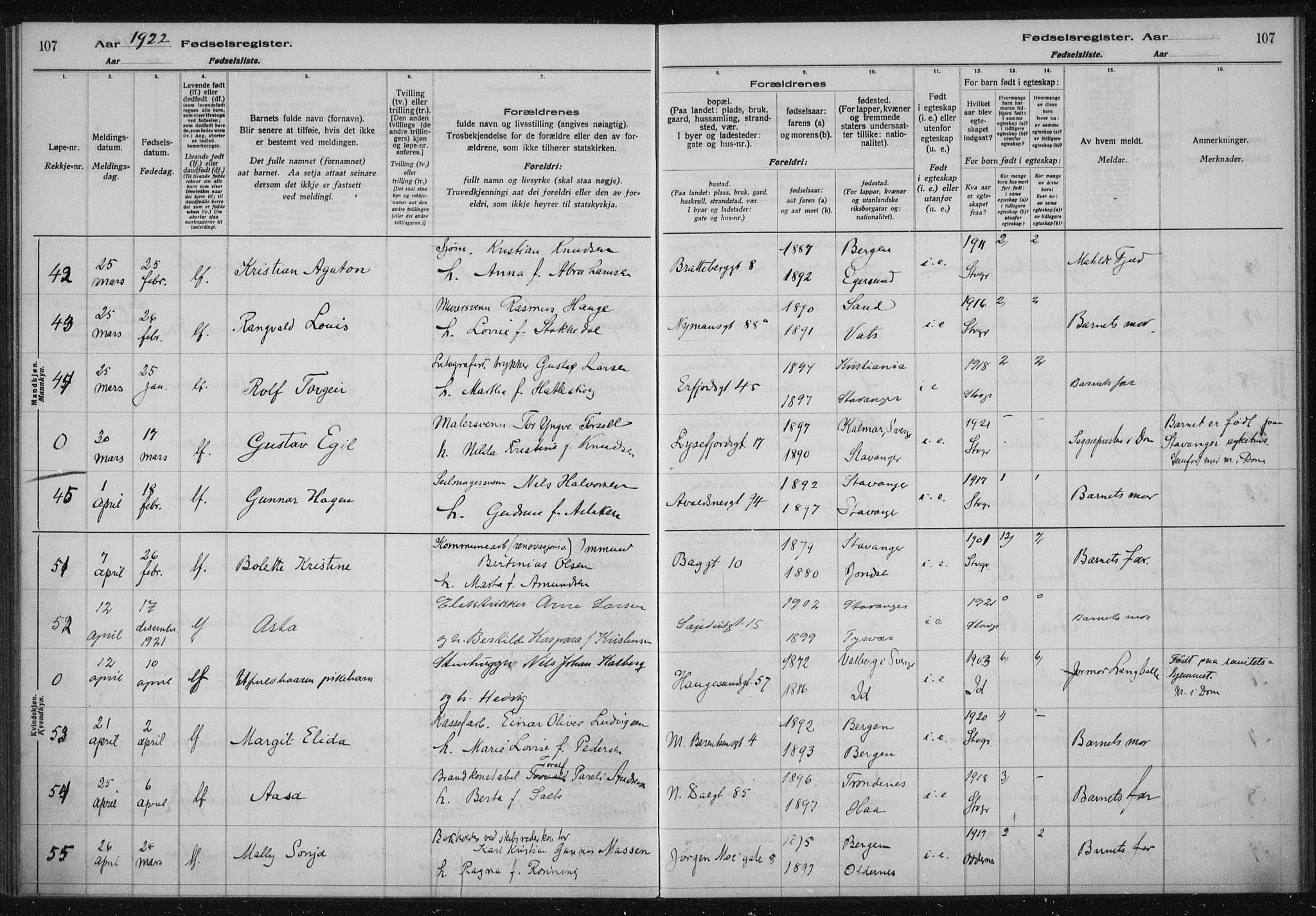 St. Johannes sokneprestkontor, AV/SAST-A-101814/002/A/L0002: Fødselsregister nr. 2, 1919-1924, s. 107