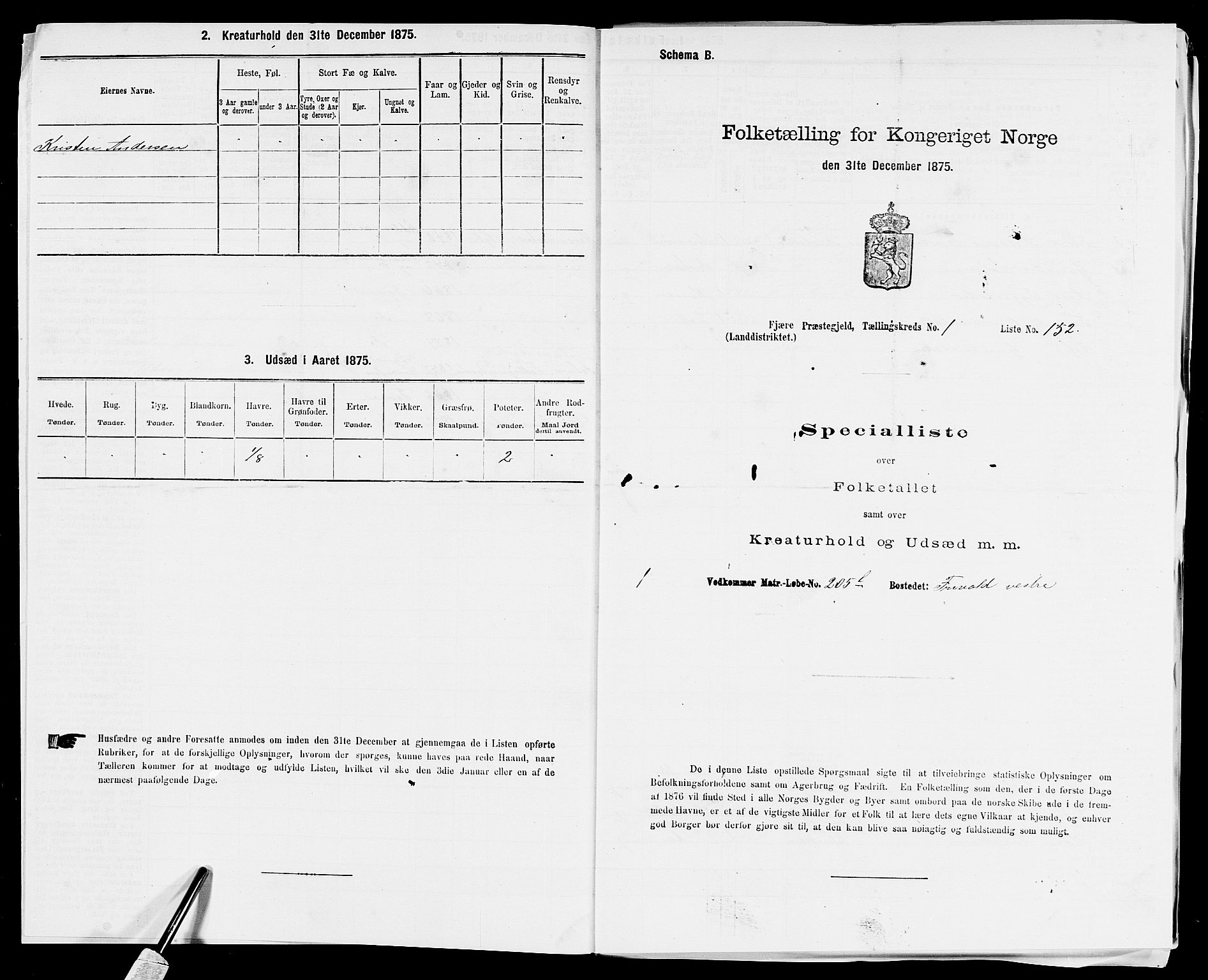 SAK, Folketelling 1875 for 0923L Fjære prestegjeld, Fjære sokn, 1875, s. 384