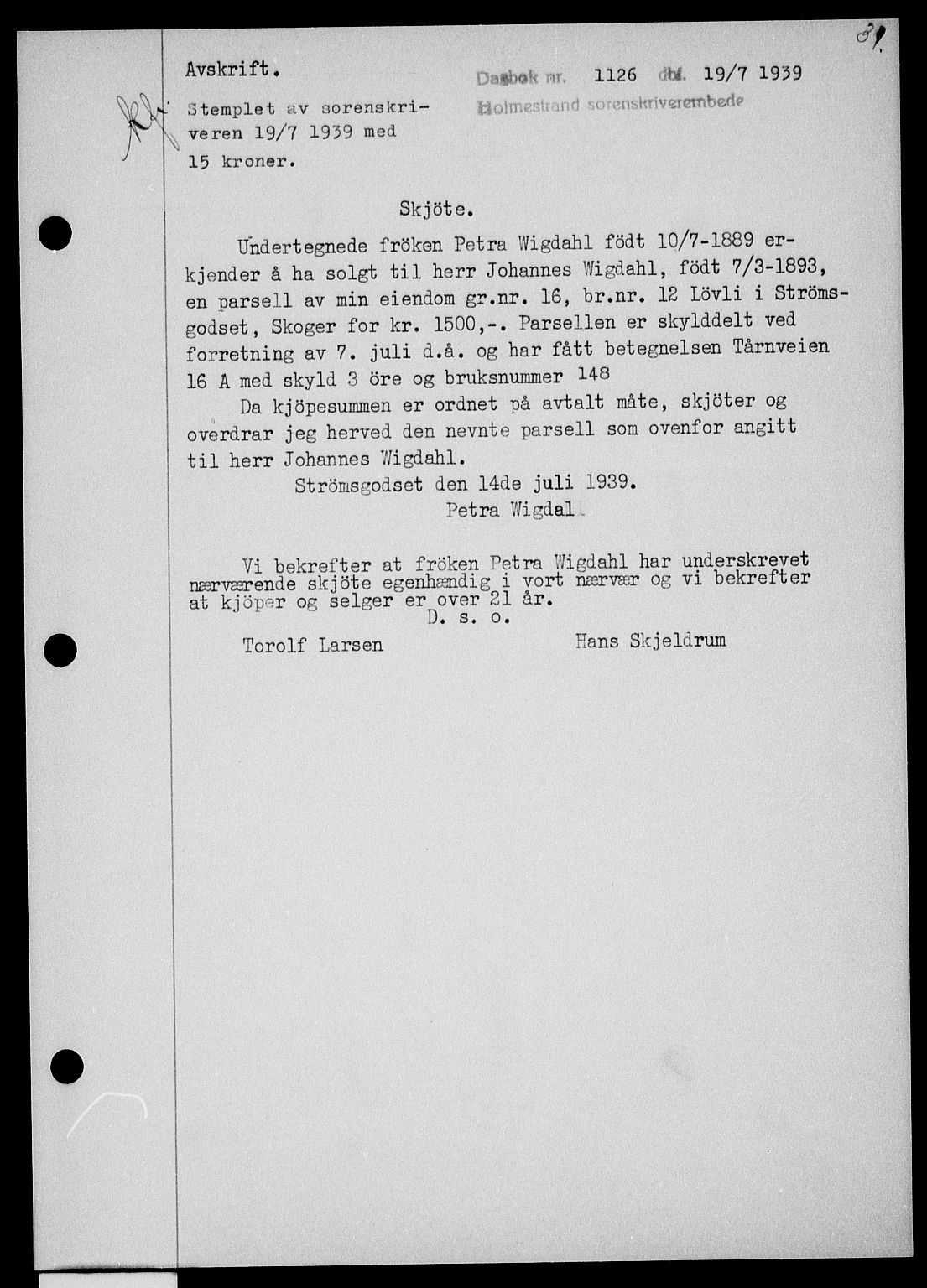 Holmestrand sorenskriveri, SAKO/A-67/G/Ga/Gaa/L0051: Pantebok nr. A-51, 1939-1940, Dagboknr: 1126/1939