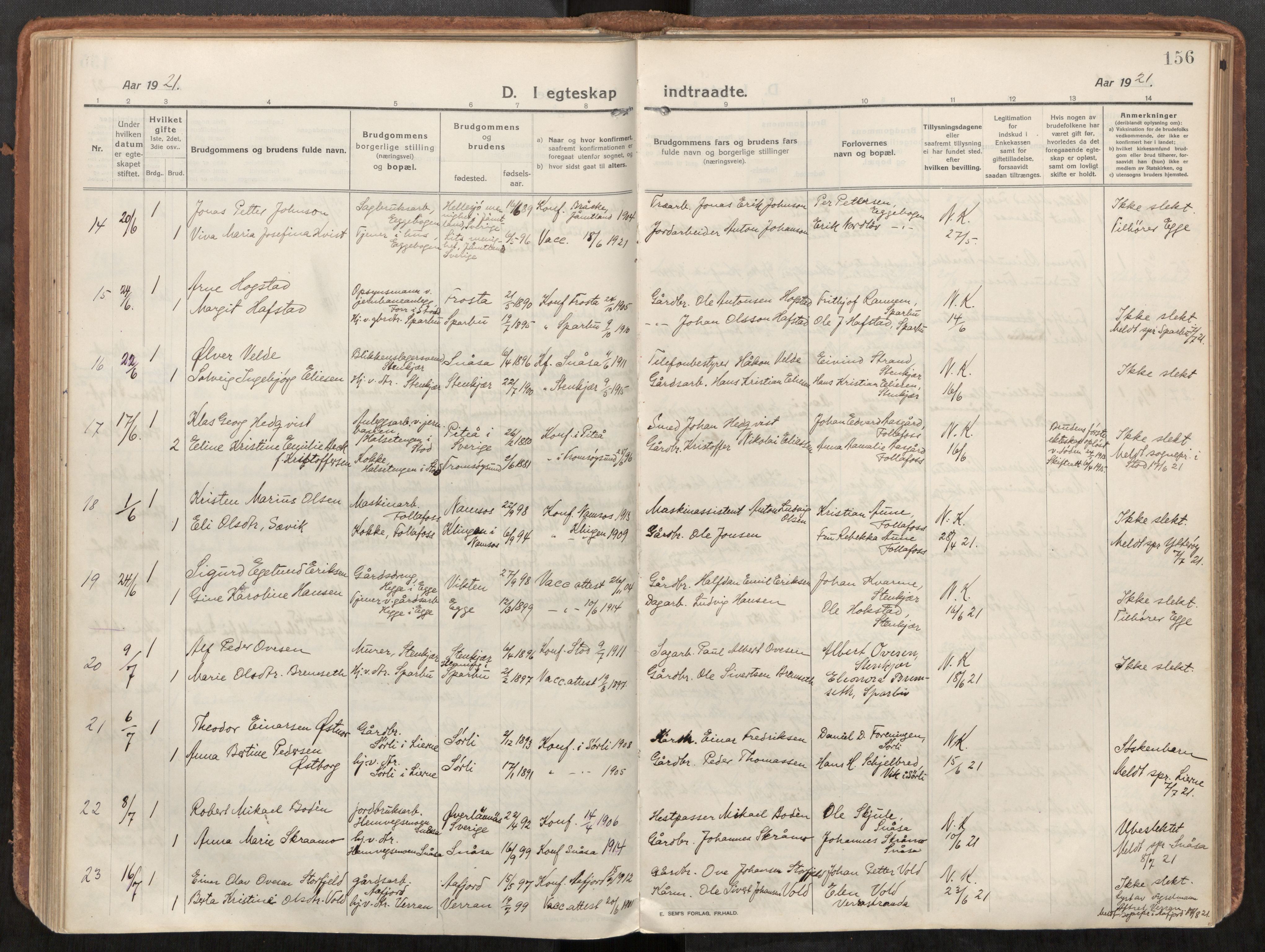 Steinkjer sokneprestkontor, AV/SAT-A-1541/01/H/Ha/Haa/L0003: Ministerialbok nr. 3, 1913-1922, s. 156