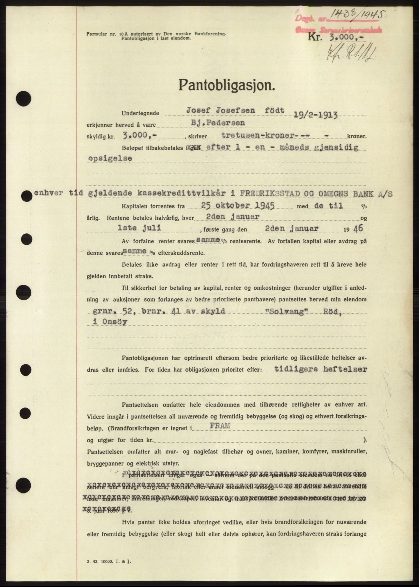 Onsøy sorenskriveri, SAO/A-10474/G/Ga/Gac/L0004: Pantebok nr. B4, 1944-1946, Dagboknr: 1438/1945