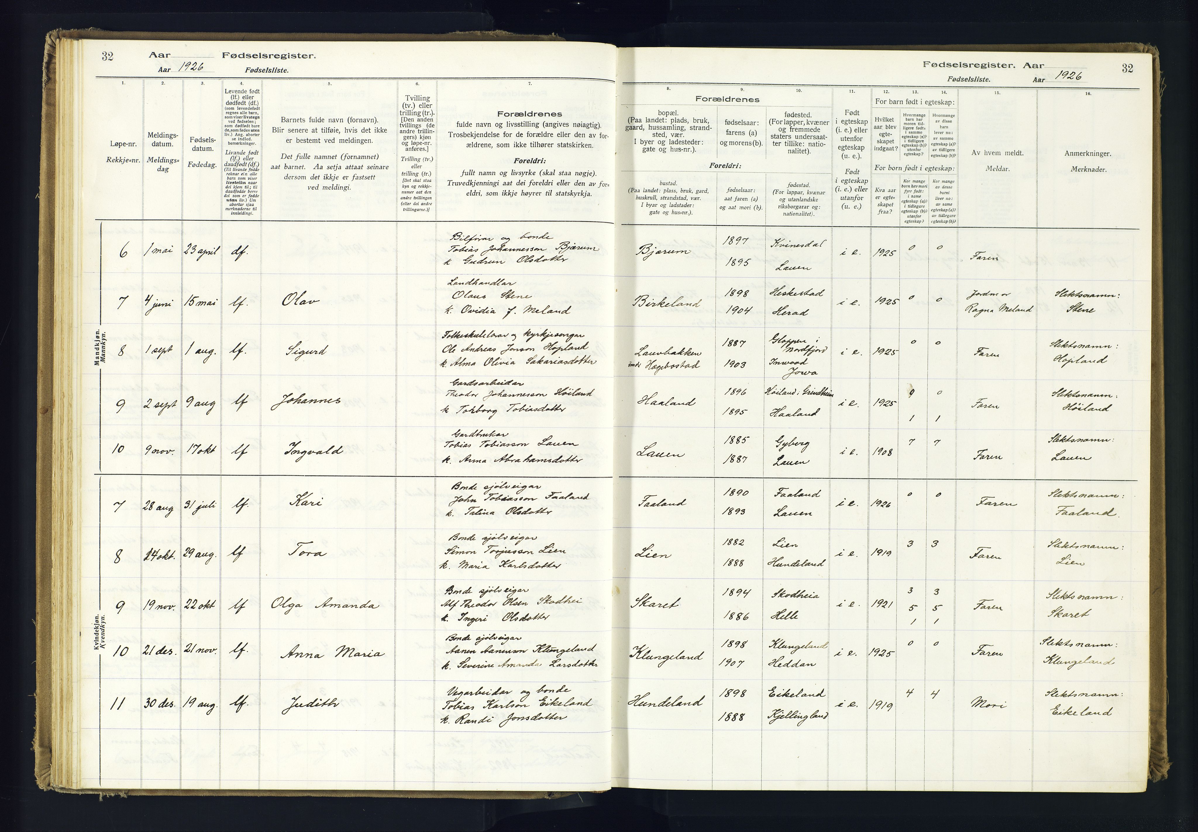 Hægebostad sokneprestkontor, SAK/1111-0024/J/Ja/L0001: Fødselsregister nr. II.6.7, 1916-1982, s. 32