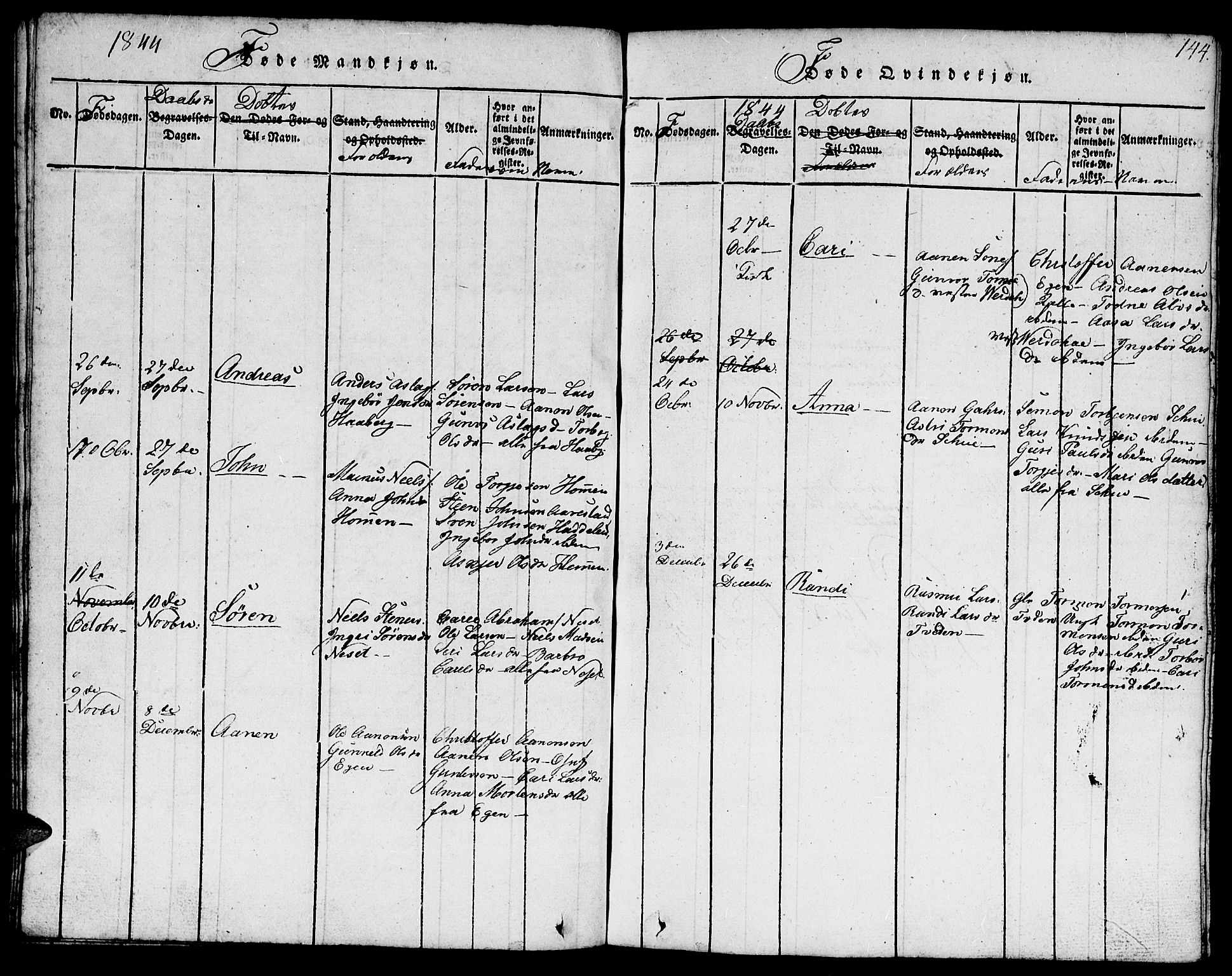 Hægebostad sokneprestkontor, SAK/1111-0024/F/Fb/Fbb/L0001: Klokkerbok nr. B 1, 1816-1850, s. 144