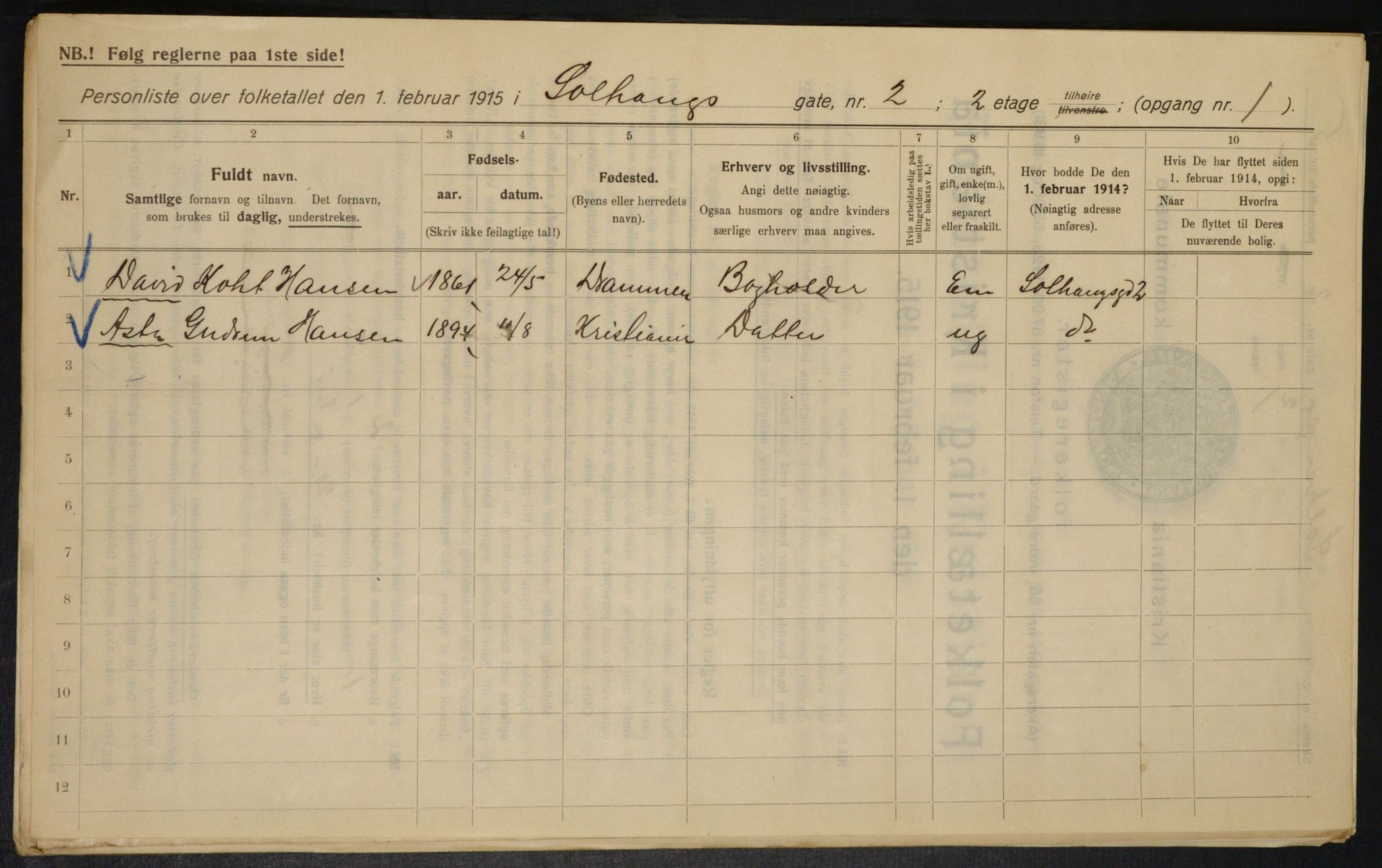 OBA, Kommunal folketelling 1.2.1915 for Kristiania, 1915, s. 99264