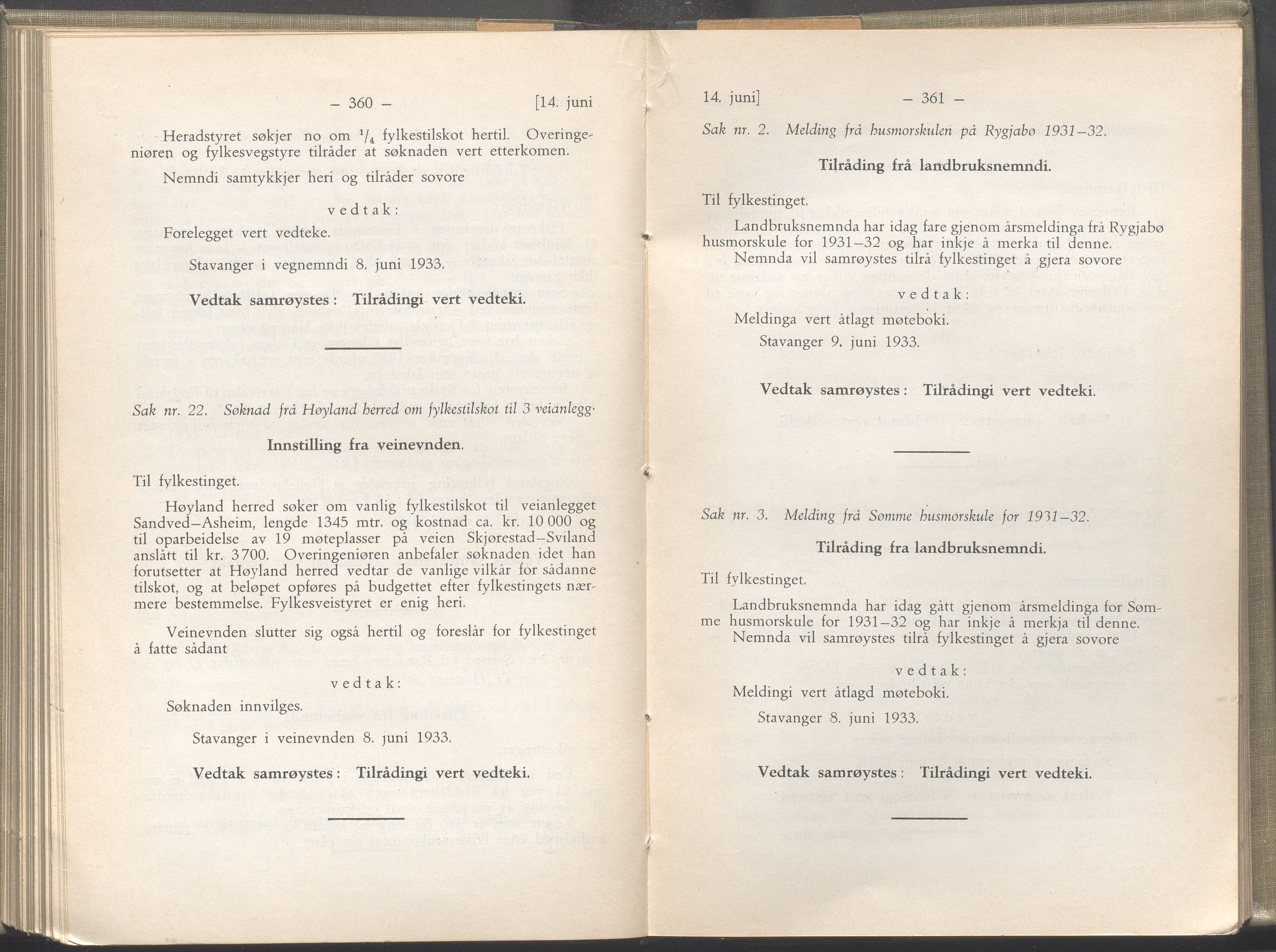 Rogaland fylkeskommune - Fylkesrådmannen , IKAR/A-900/A/Aa/Aaa/L0052: Møtebok , 1933, s. 360-361