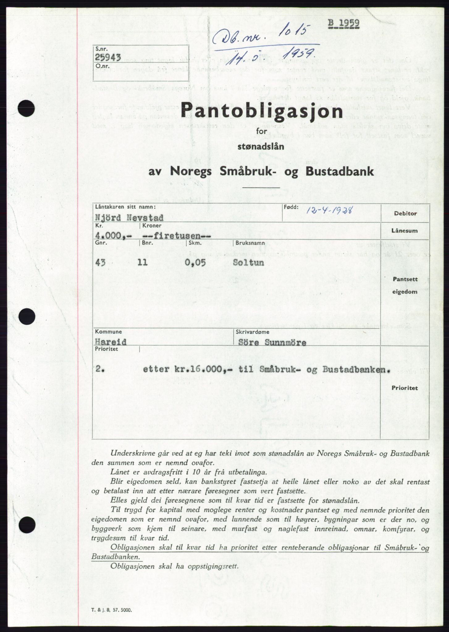 Søre Sunnmøre sorenskriveri, SAT/A-4122/1/2/2C/L0133: Pantebok nr. 21B, 1959-1959, Dagboknr: 1015/1959