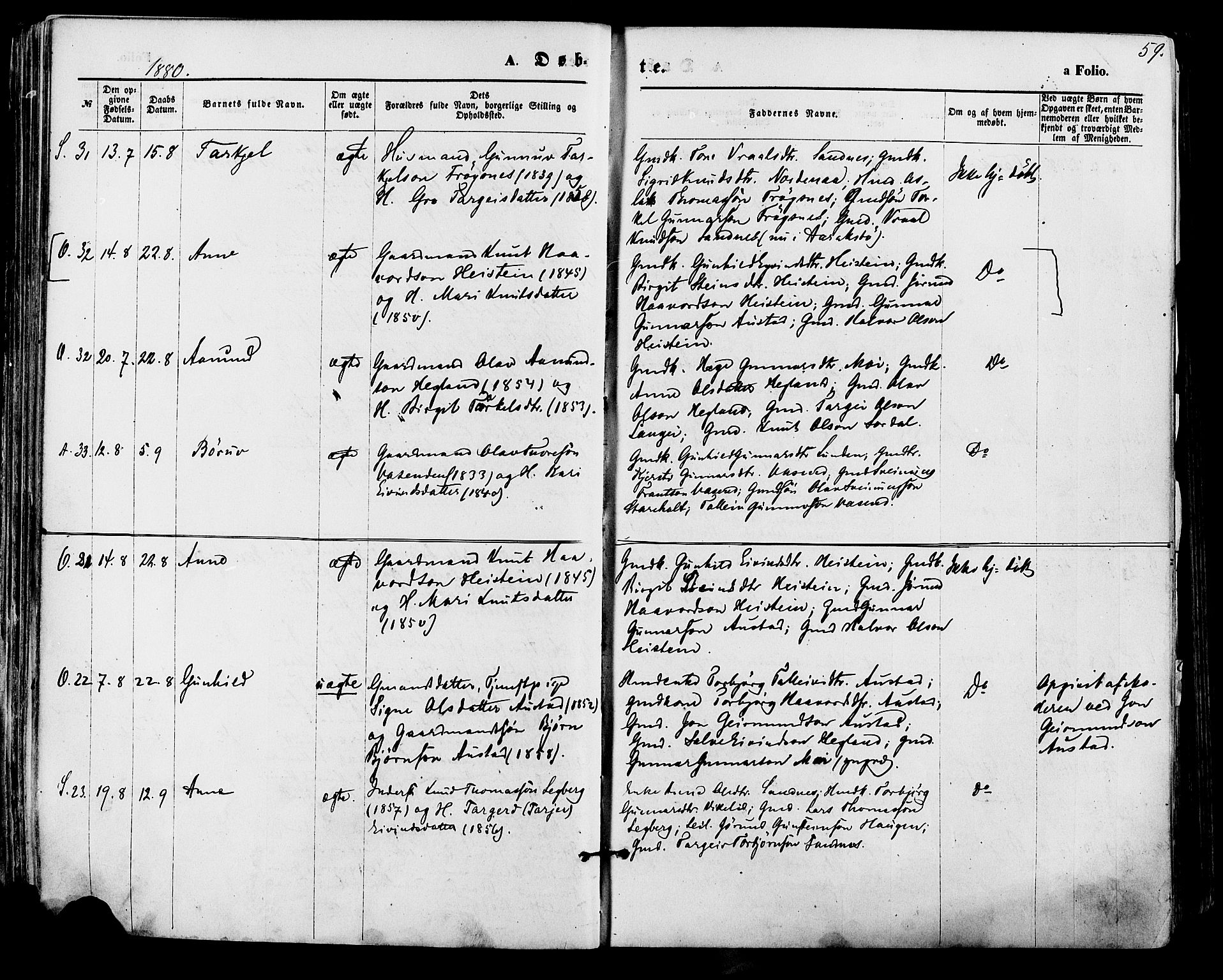 Bygland sokneprestkontor, AV/SAK-1111-0006/F/Fa/Fab/L0006: Ministerialbok nr. A 6, 1873-1884, s. 59