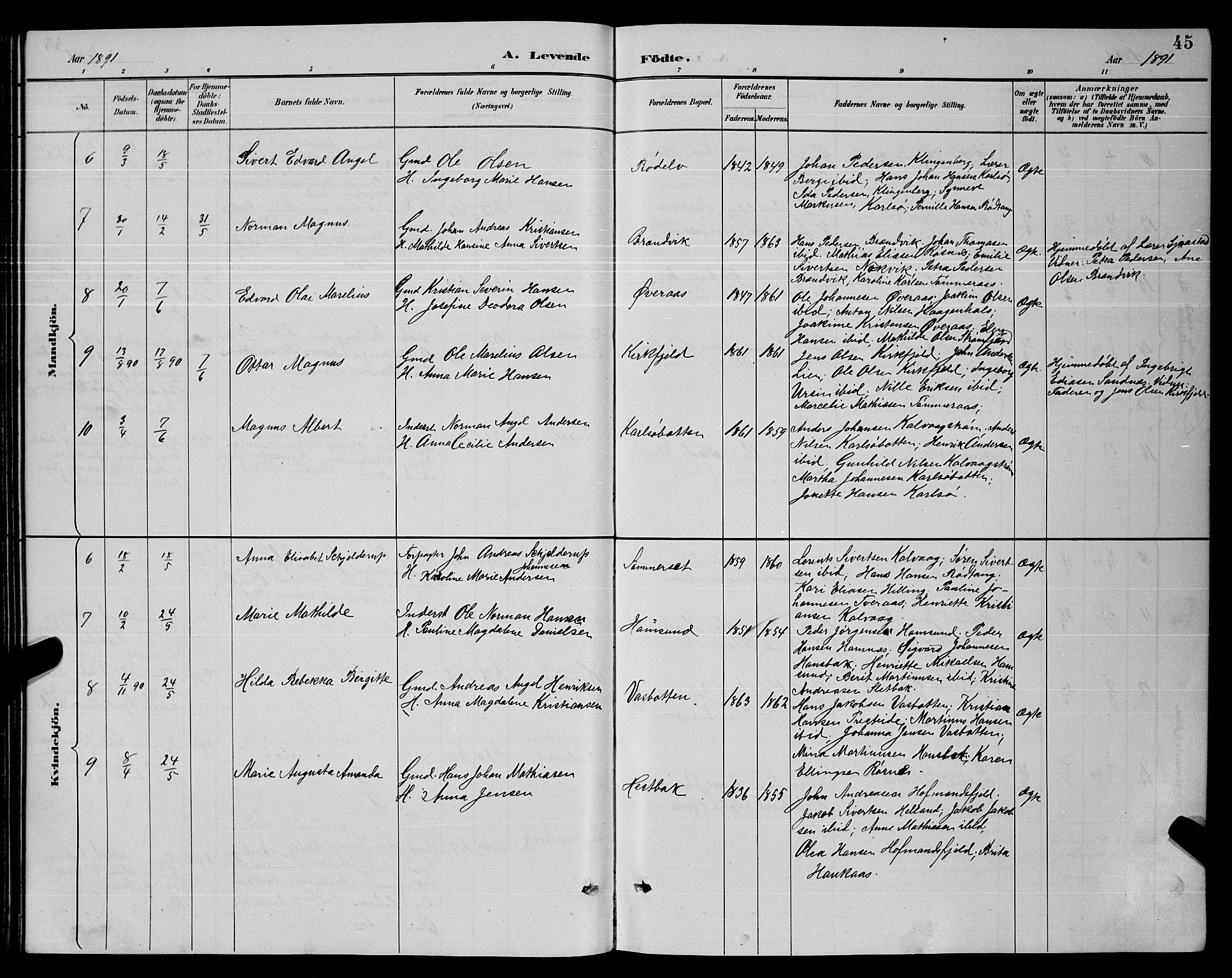 Ministerialprotokoller, klokkerbøker og fødselsregistre - Nordland, SAT/A-1459/859/L0859: Klokkerbok nr. 859C05, 1887-1898, s. 45