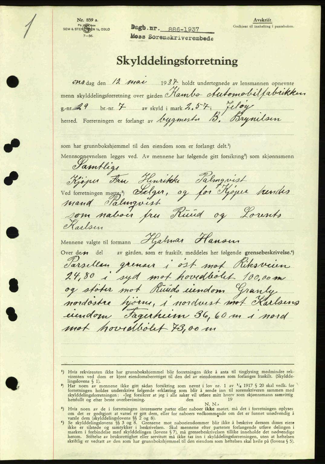 Moss sorenskriveri, SAO/A-10168: Pantebok nr. A2, 1936-1937, Dagboknr: 886/1937