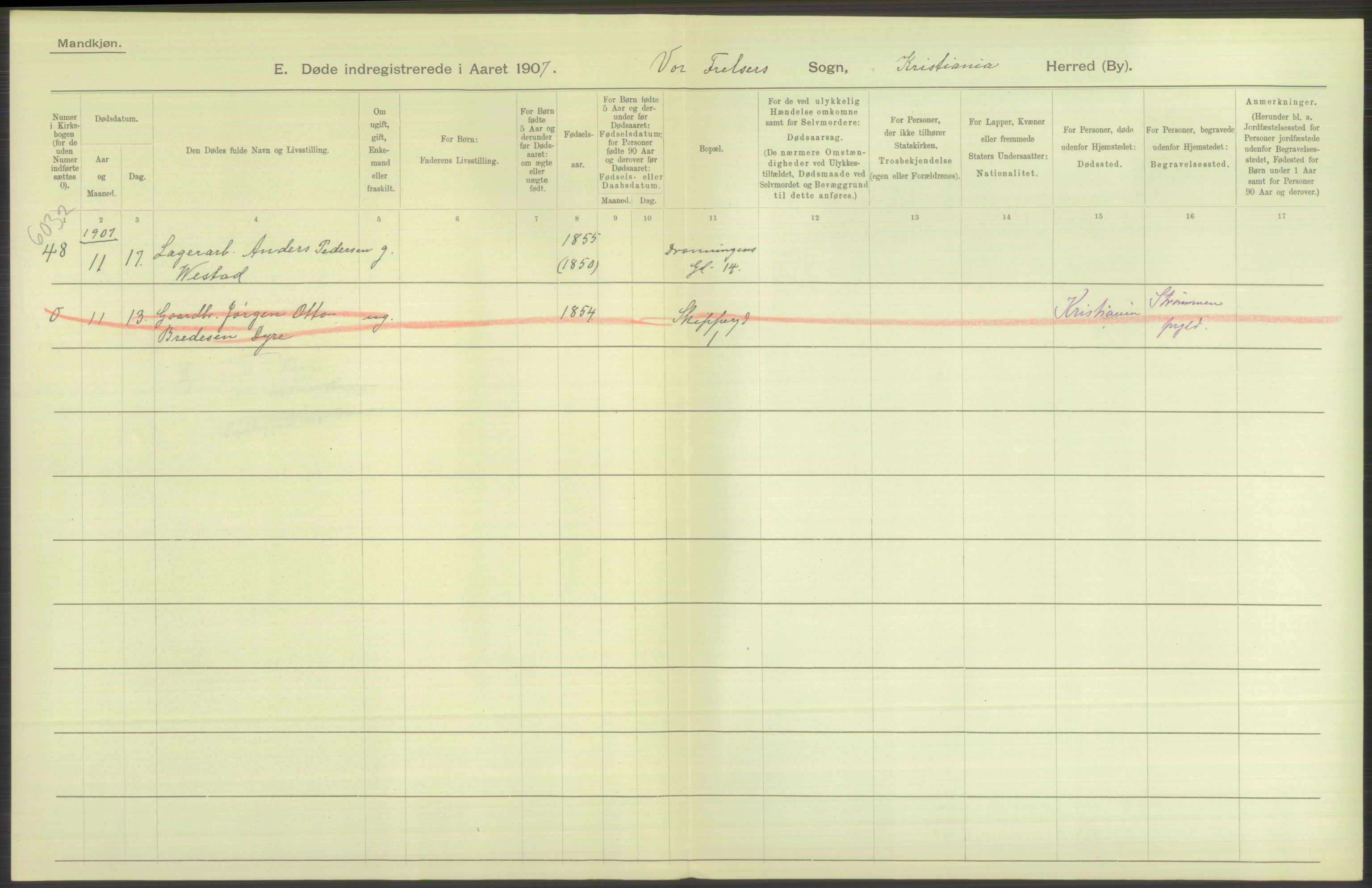 Statistisk sentralbyrå, Sosiodemografiske emner, Befolkning, AV/RA-S-2228/D/Df/Dfa/Dfae/L0010: Kristiania: Døde, dødfødte, 1907, s. 410