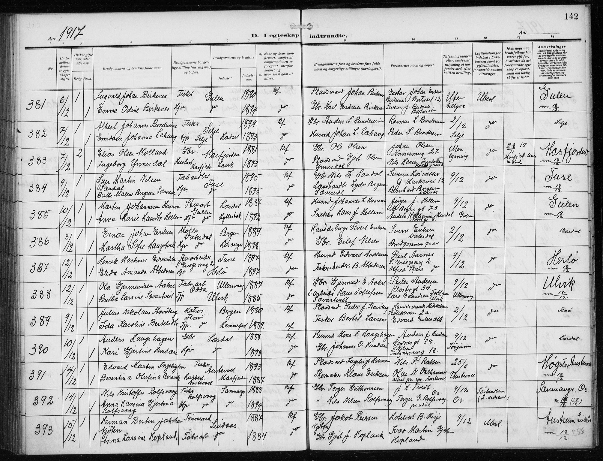 Nykirken Sokneprestembete, AV/SAB-A-77101/H/Haa/L0036: Ministerialbok nr. D 6, 1913-1918, s. 142