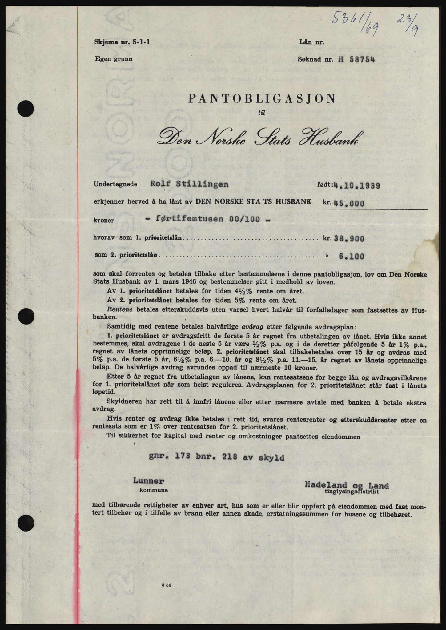 Hadeland og Land tingrett, SAH/TING-010/H/Hb/Hbc/L0074: Pantebok nr. B74, 1969-1969, Dagboknr: 5361/1969