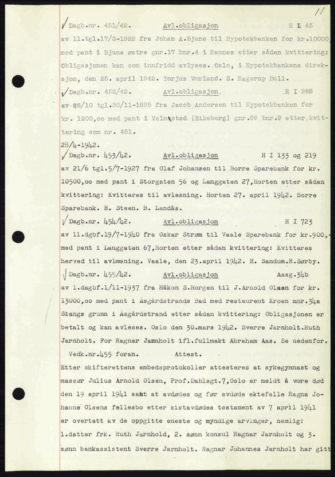 Horten sorenskriveri, SAKO/A-133/G/Ga/Gab/L0003: Pantebok nr. B-5 - B-6, 1941-1943, Dagboknr: 451/1942