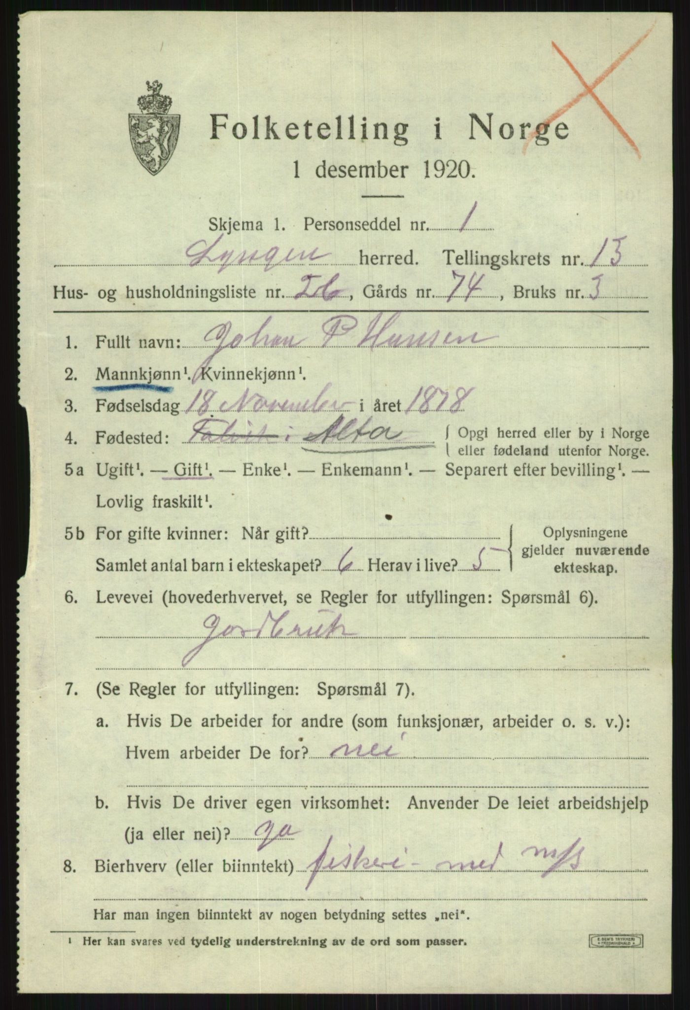 SATØ, Folketelling 1920 for 1938 Lyngen herred, 1920, s. 10401
