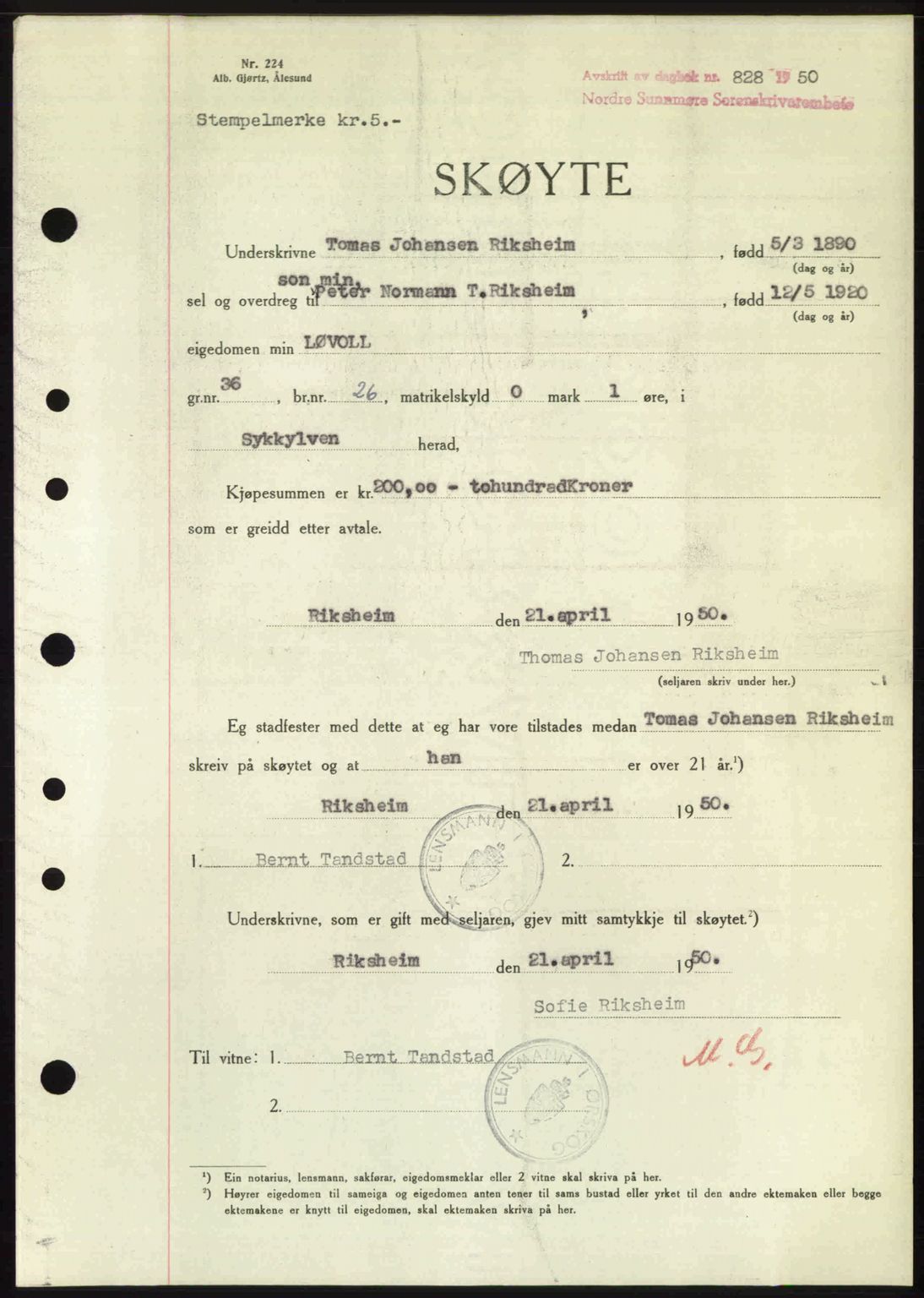 Nordre Sunnmøre sorenskriveri, SAT/A-0006/1/2/2C/2Ca: Pantebok nr. A34, 1950-1950, Dagboknr: 828/1950