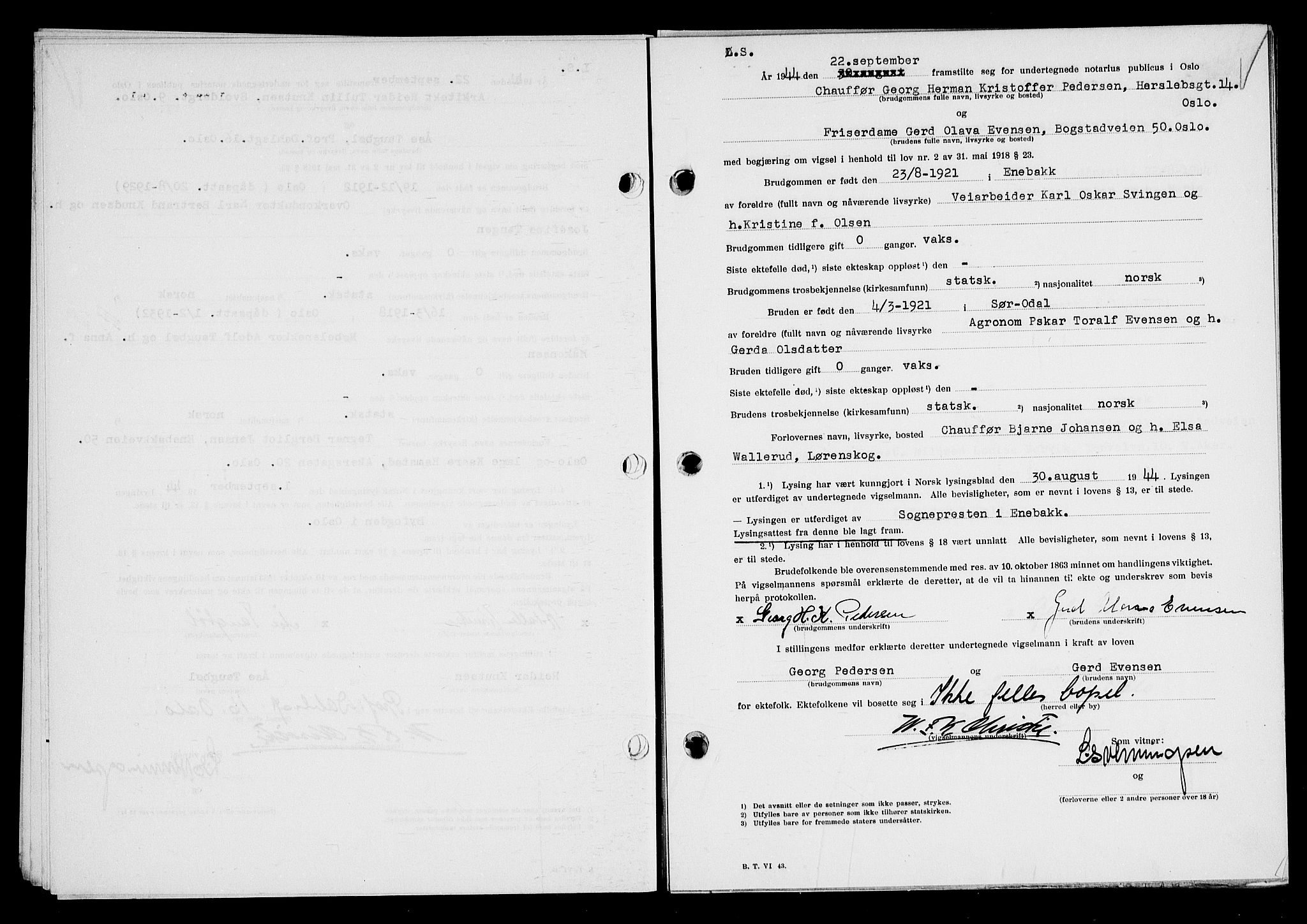 Oslo byfogd avd. I, AV/SAO-A-10220/L/Lb/Lbb/L0051: Notarialprotokoll, rekke II: Vigsler, 1944