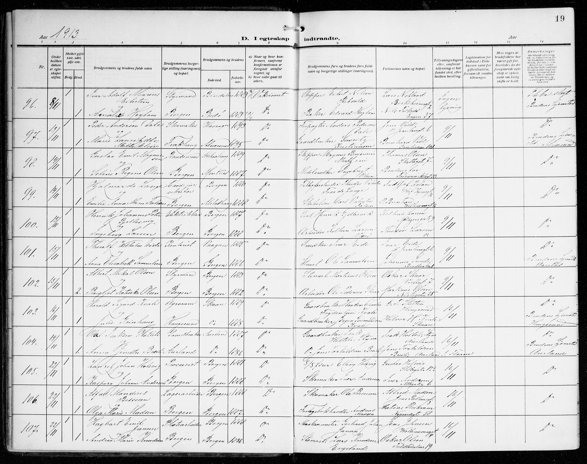 Johanneskirken sokneprestembete, AV/SAB-A-76001/H/Haa/L0013: Ministerialbok nr. D 2, 1912-1929, s. 19