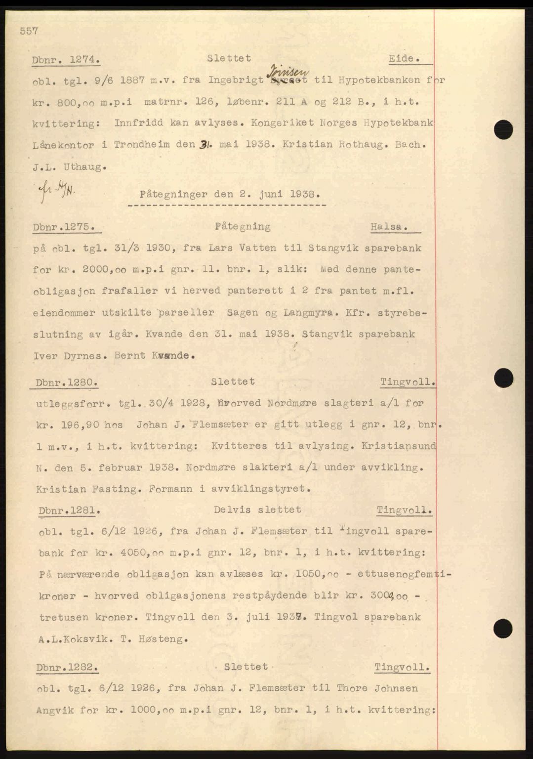 Nordmøre sorenskriveri, SAT/A-4132/1/2/2Ca: Pantebok nr. C80, 1936-1939, Dagboknr: 1274/1938